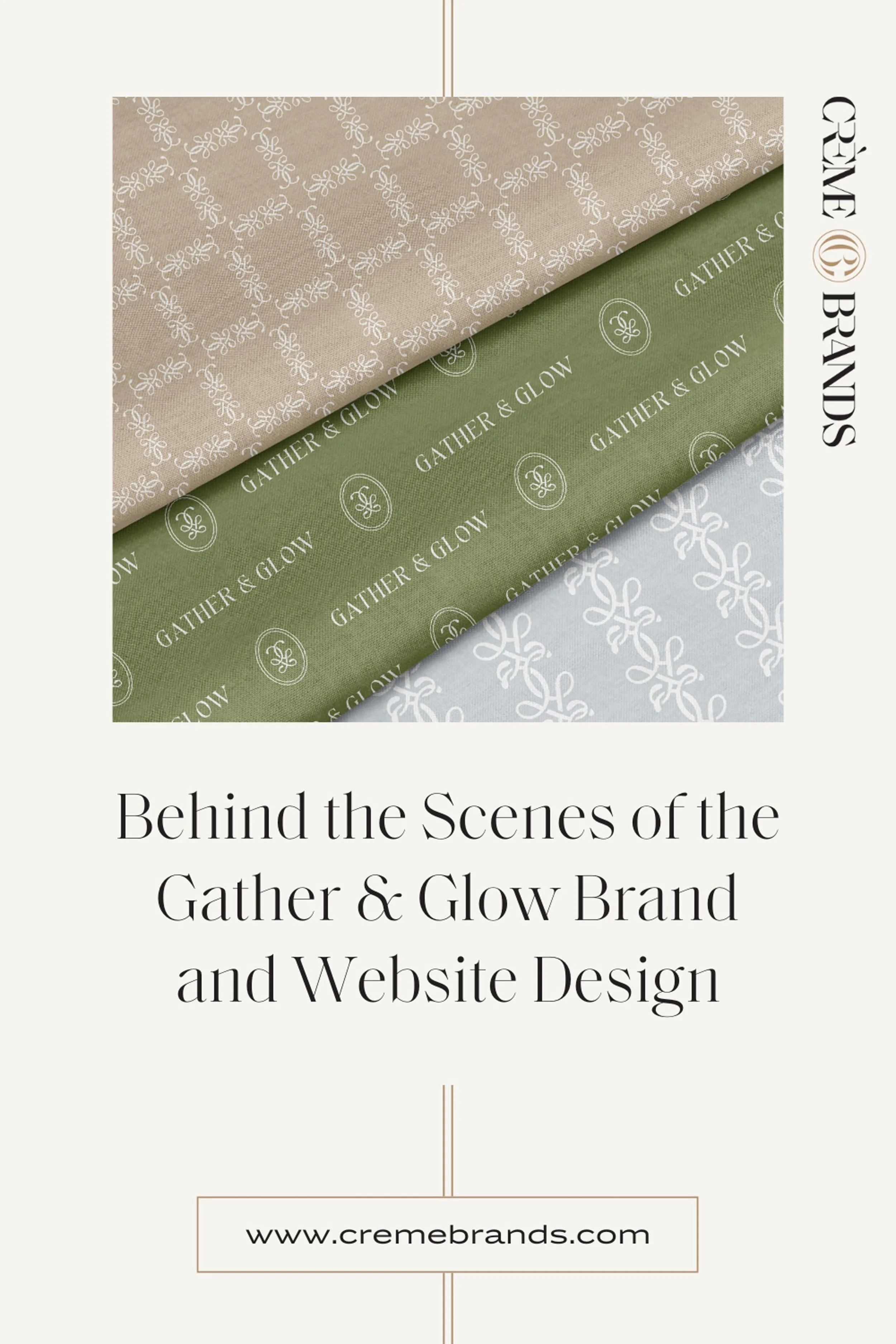 Gather & Glow brand patterns on three fabric swatches