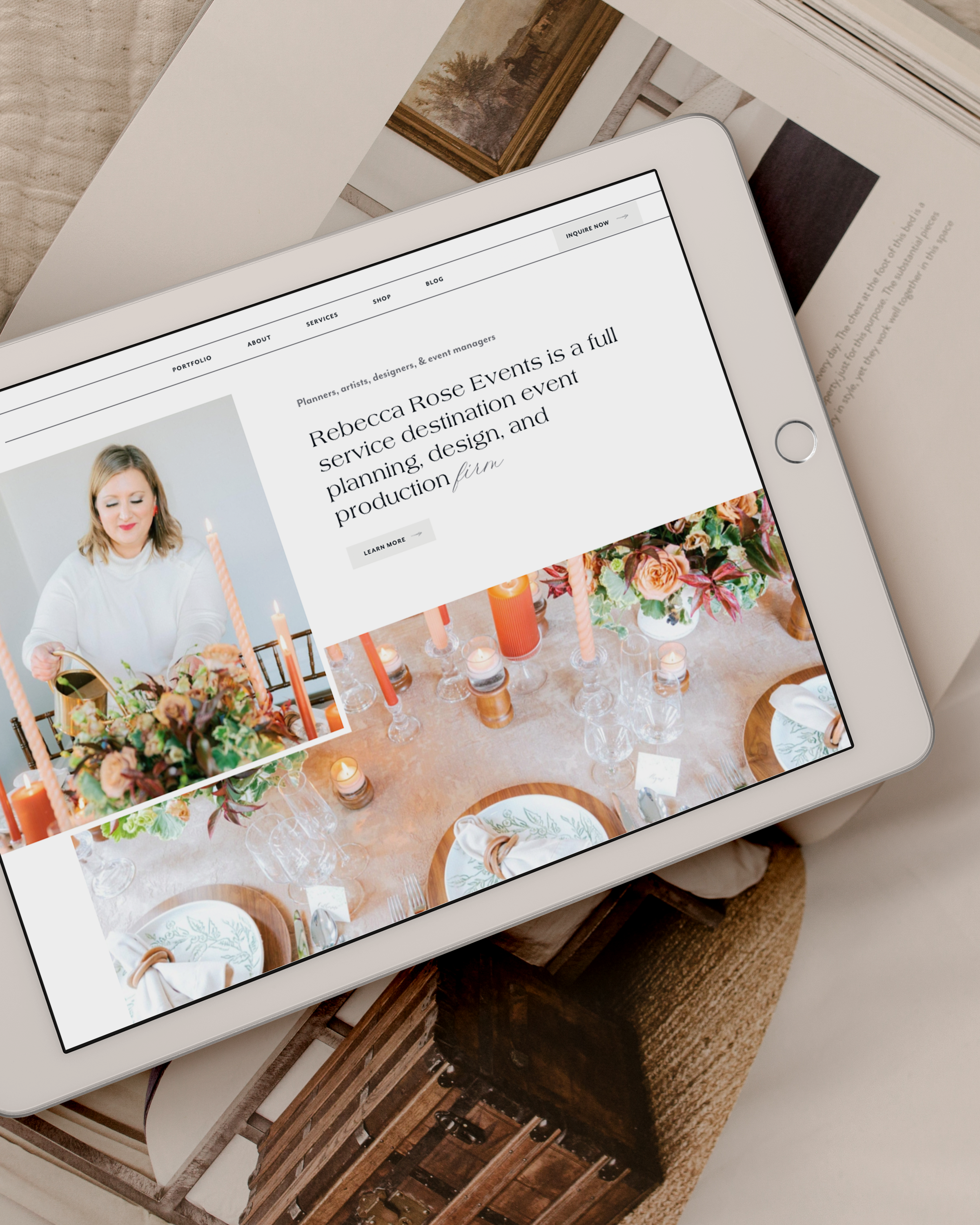 tablet showing the Rebecca Rose Events website homepage