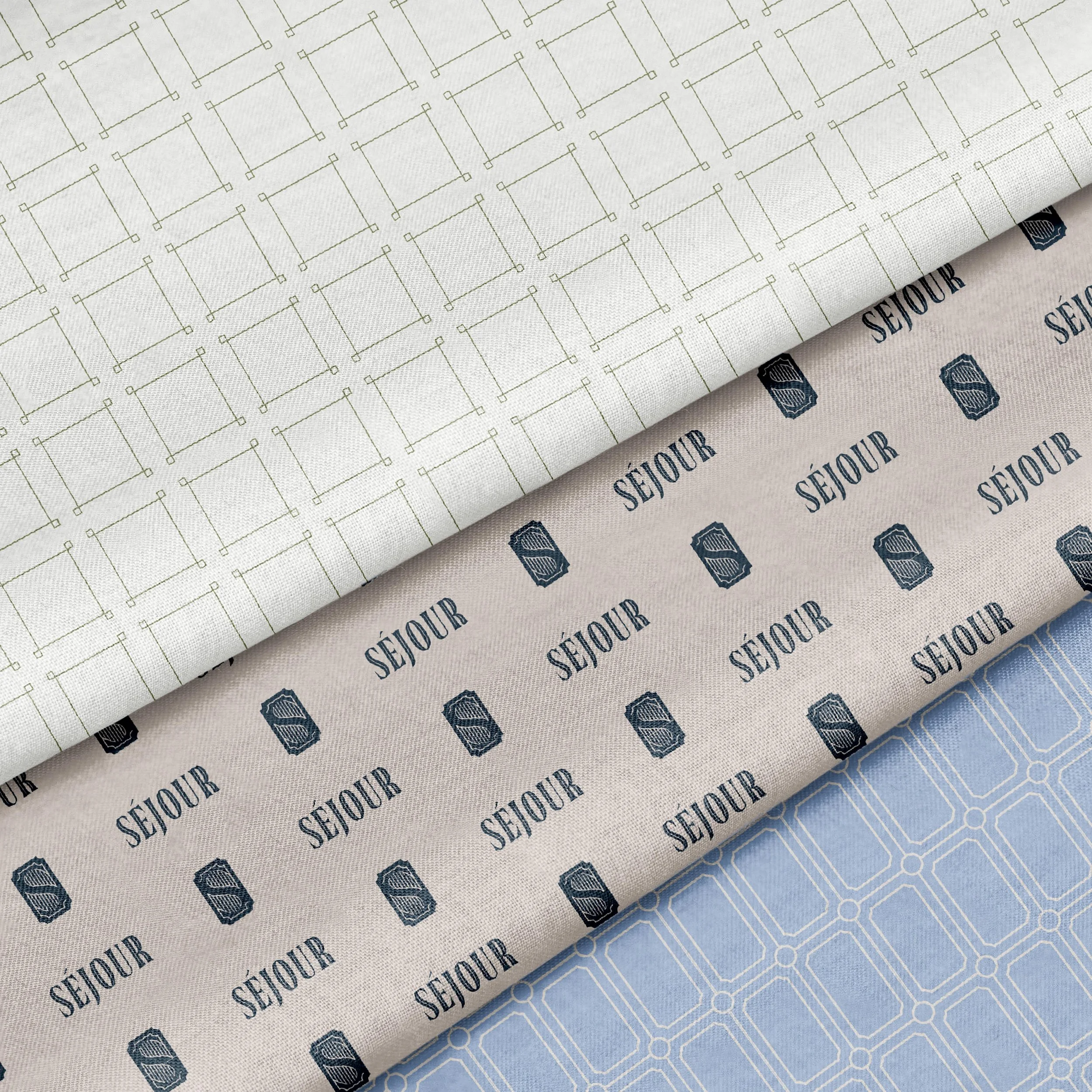 Sejour Events brand patterns on three fabric swatches