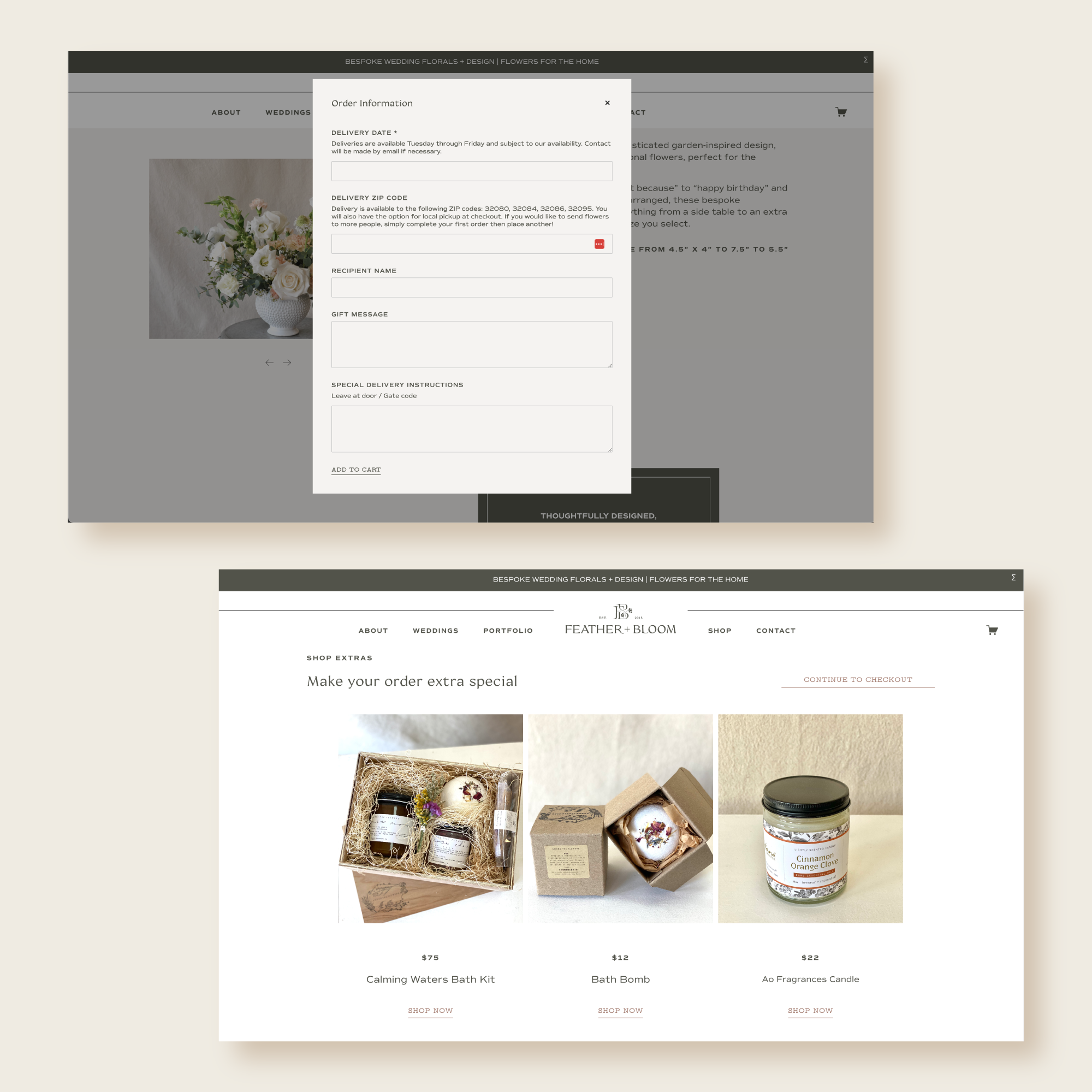 Feather &amp; Bloom's order form and upsell page