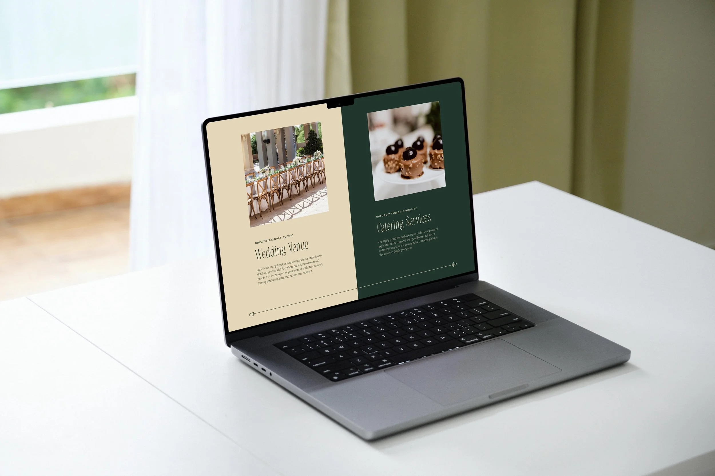 homepage split screen section with color blocking, mocked up on a laptop