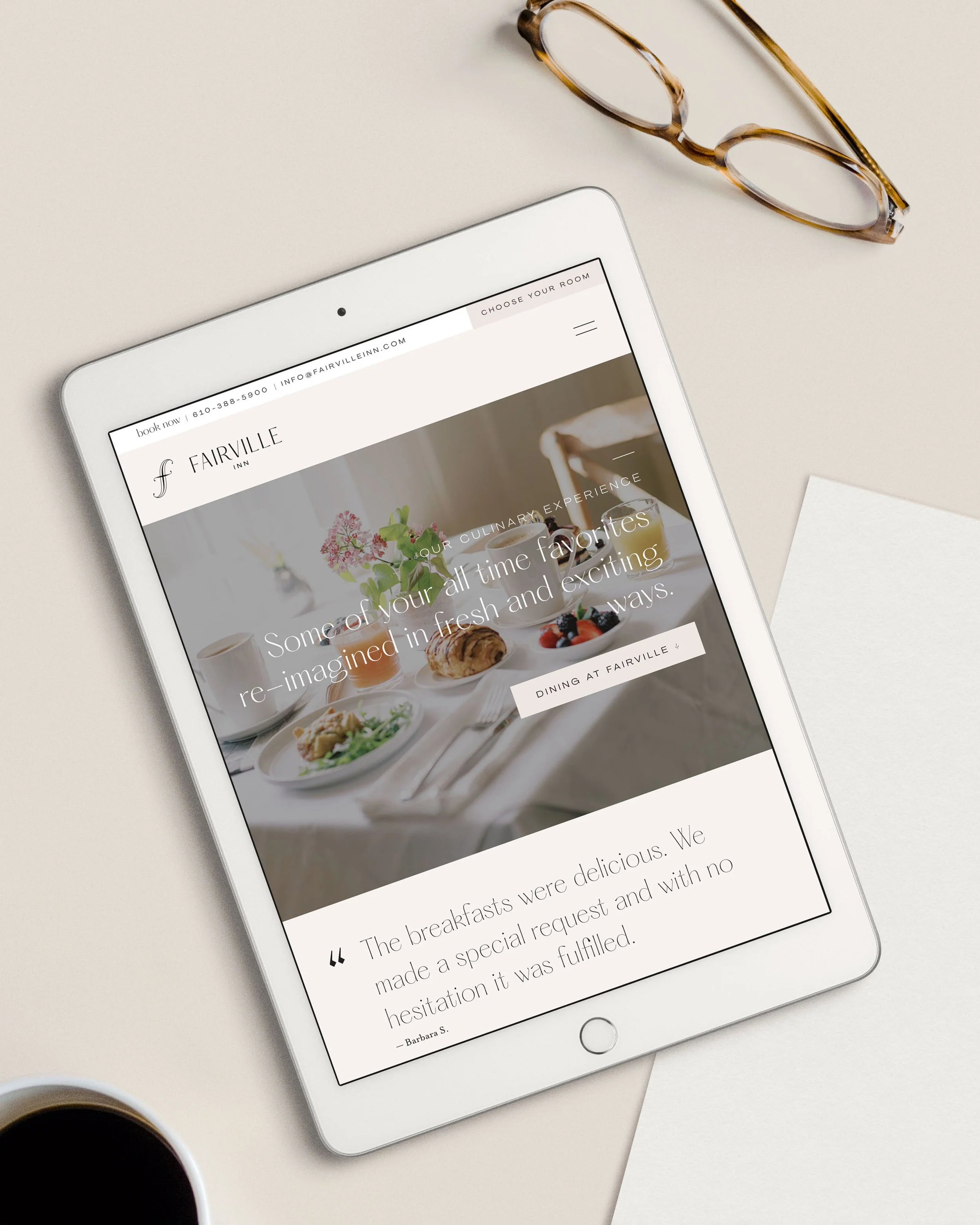 tablet showing the Fairville Inn dining page