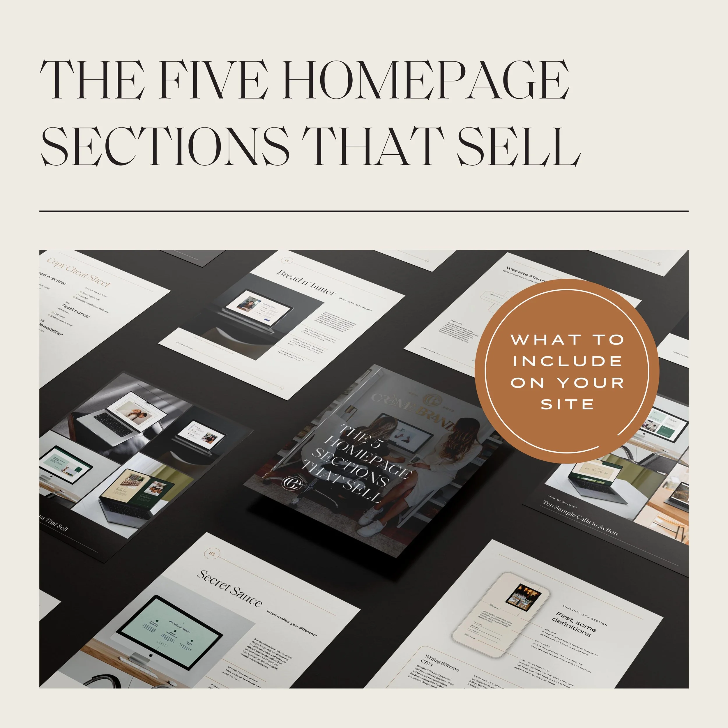 freebie graphic with a mockup of the guide and text that reads, "The Five Homepage Sections that Sell: What to include on your site"