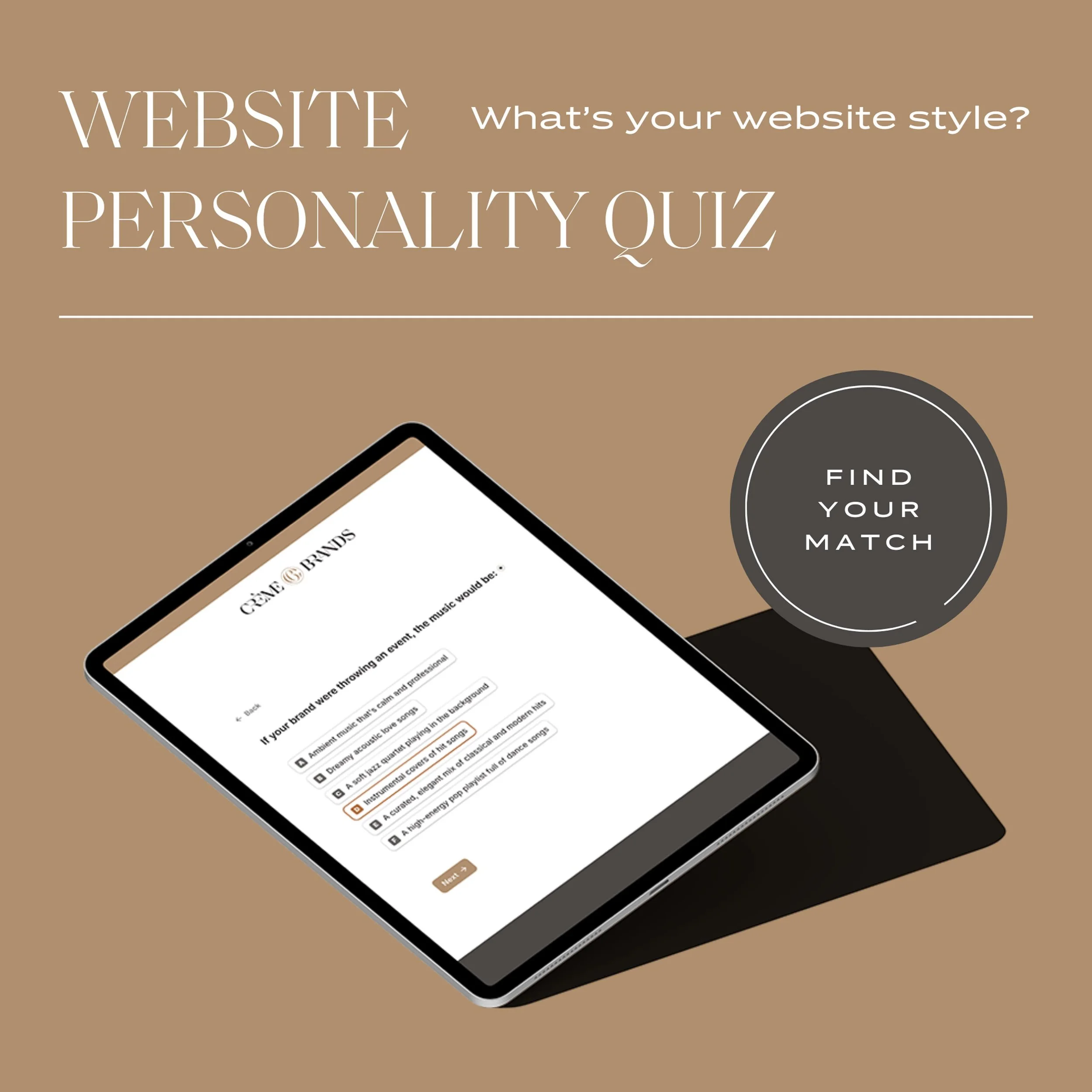 freebie graphic with mockup of quiz on a tablet and text that reads, "Website personality quiz: What's your website style? Find your match."