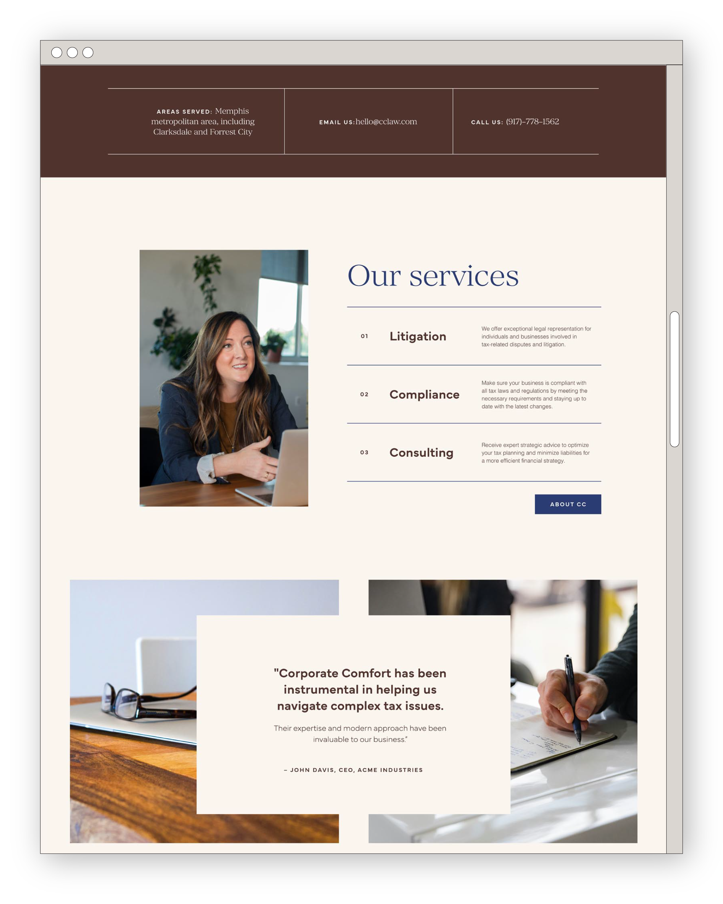 homepage design with contact info, services and testimonial sections