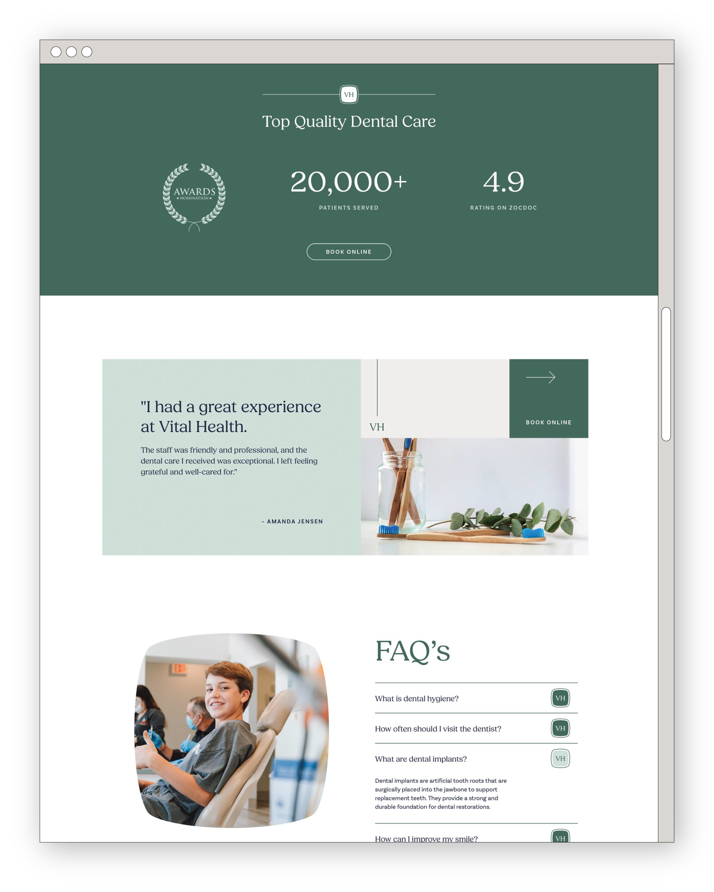 homepage statistics, testimonial, and FAQ's sections