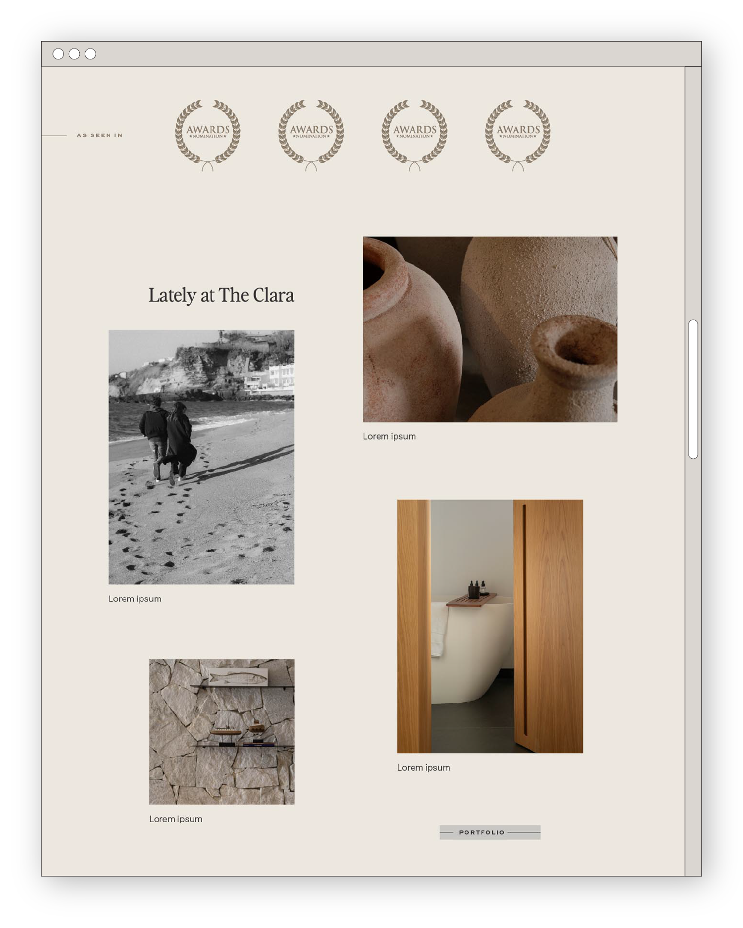 mockup of the "Lately at the Clara" portfolio section of the website design