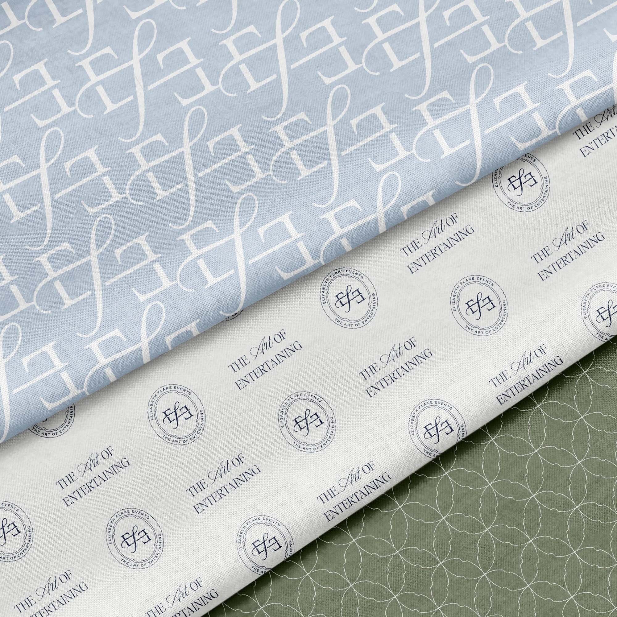 three fabrics with branded patterns for Elizabeth Flake Events