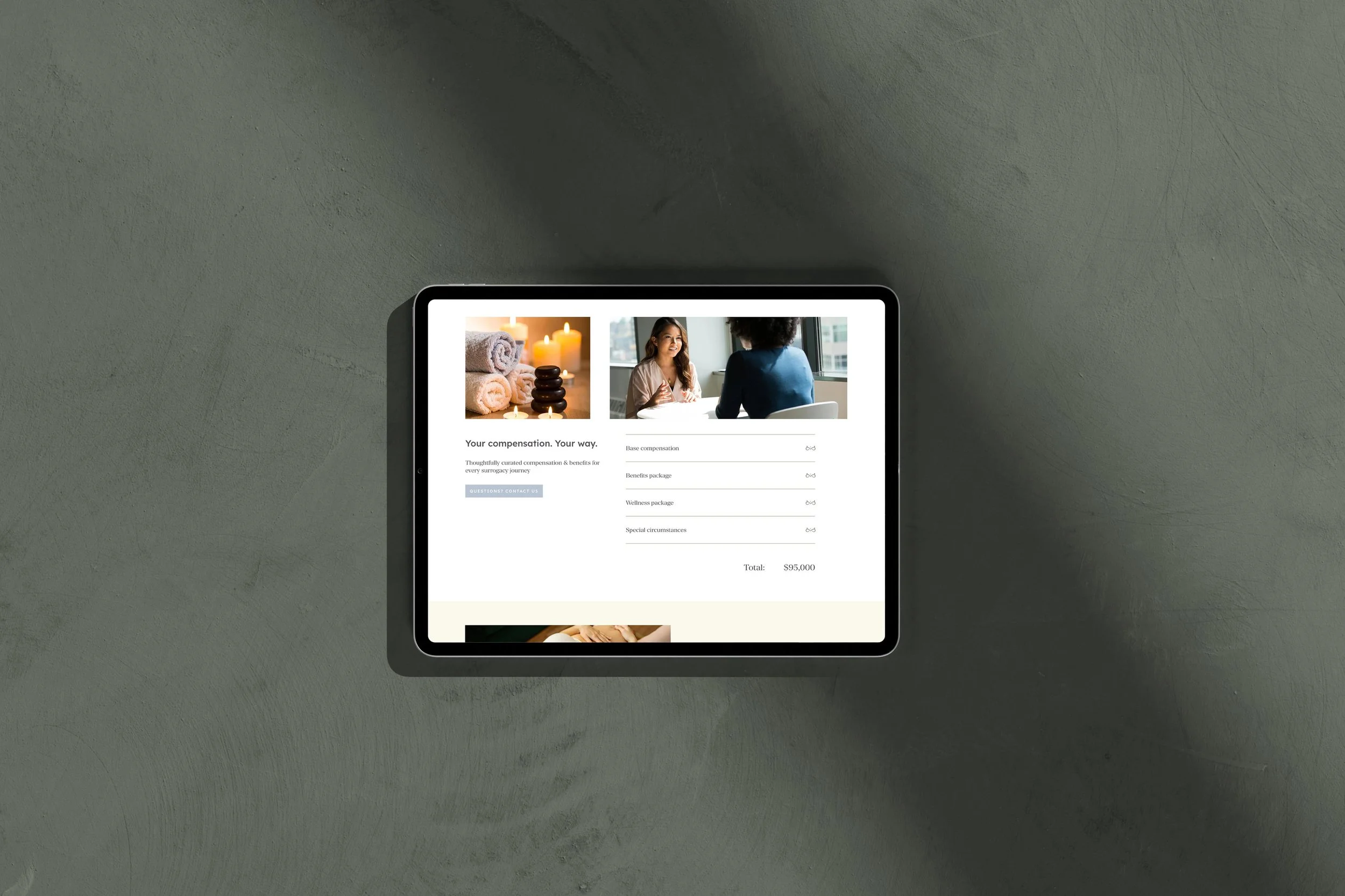 iPad showing the interactive accordion layouts on the Compensation & Benefits page