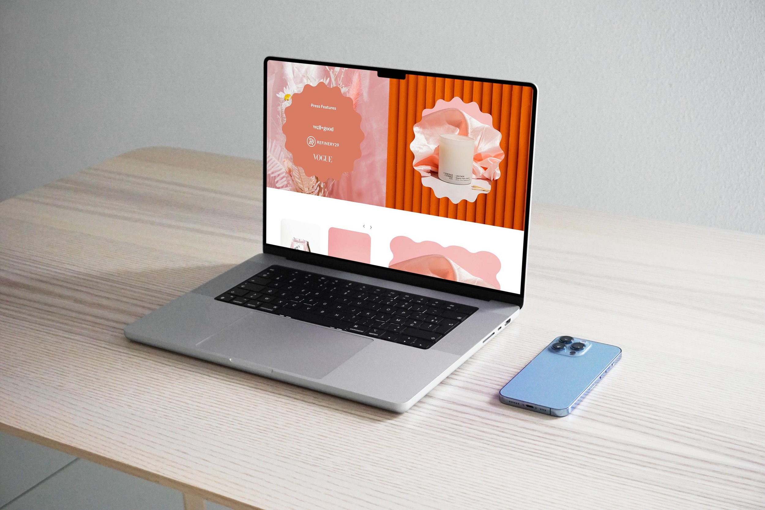 press features section, mocked up on a laptop