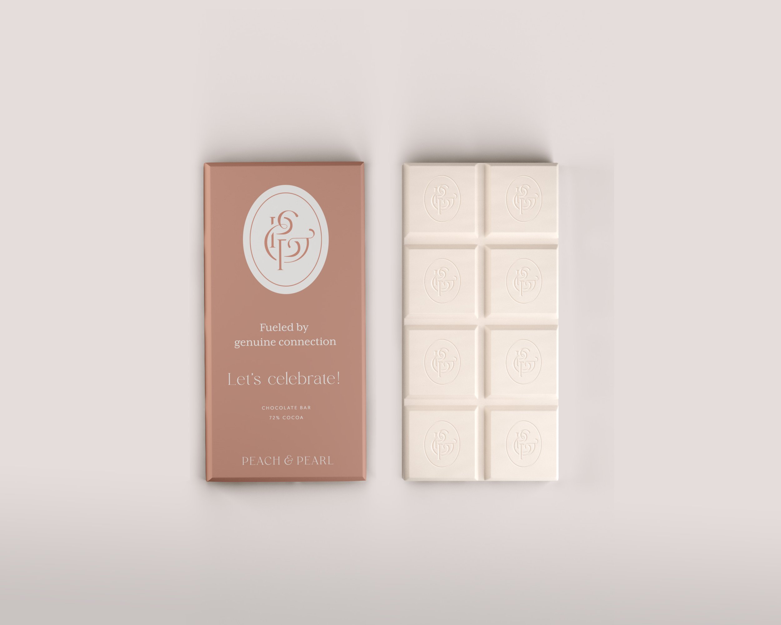 giftable chocolate bar with Peach and Pearl brand packaging