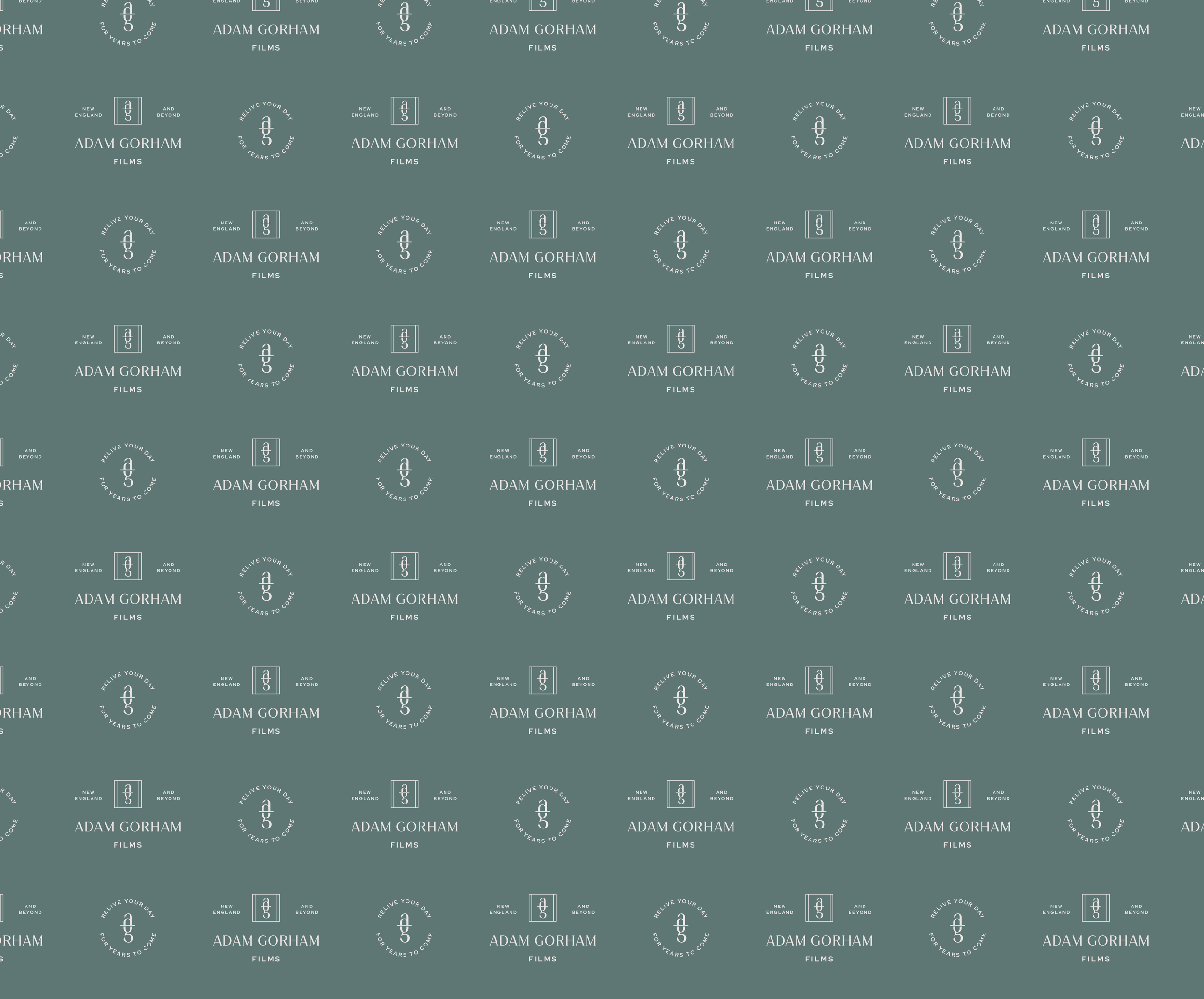 brand pattern with repeated Adam Gorham Films logos in white on a deep teal background