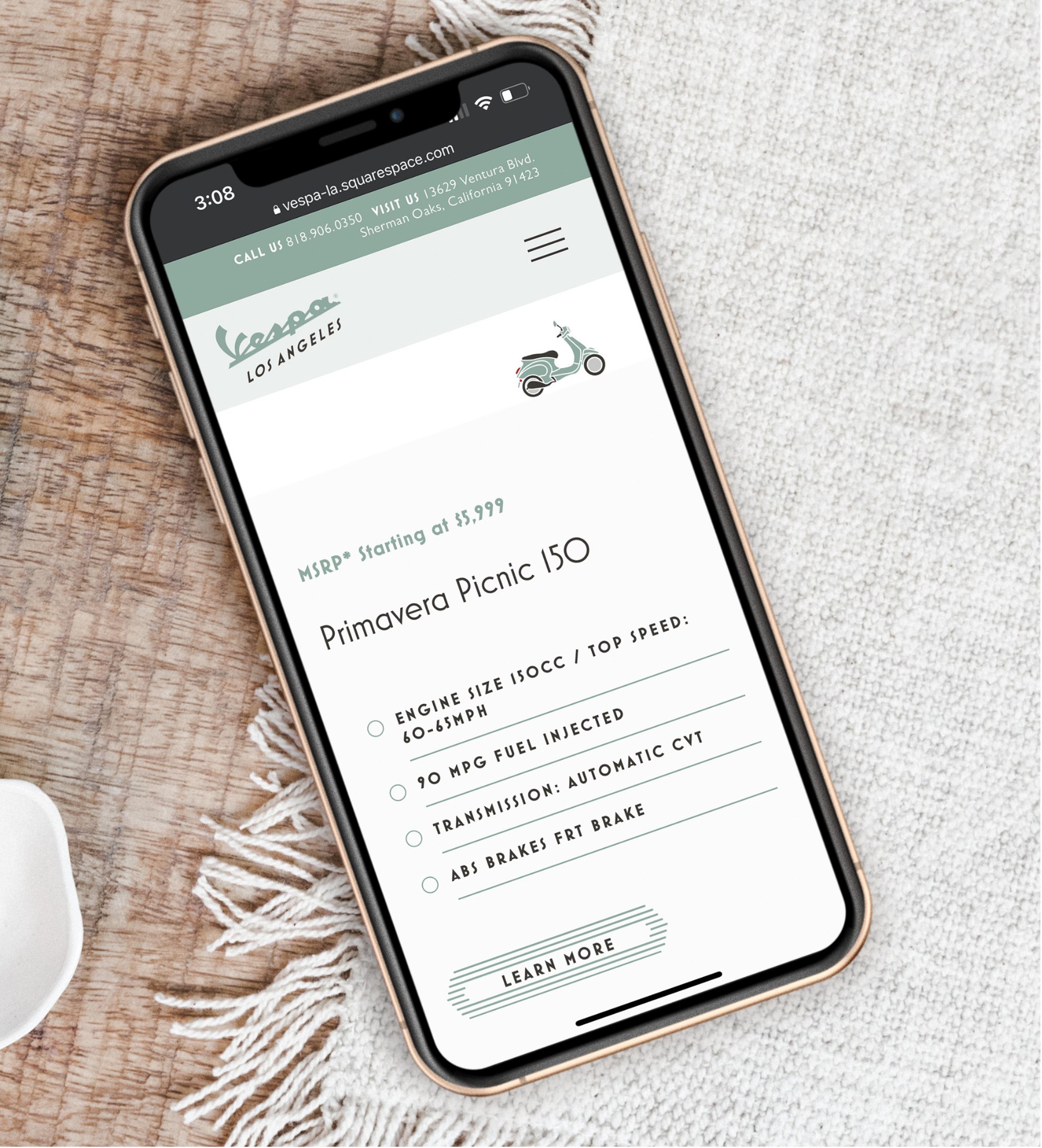 Vespa Los Angeles website design on a mobile phone