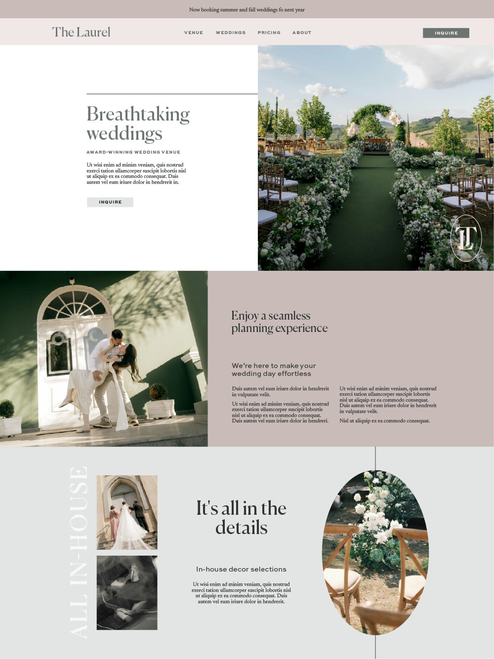 The Laurel wedding venue website layout using the Sweet Fem framework