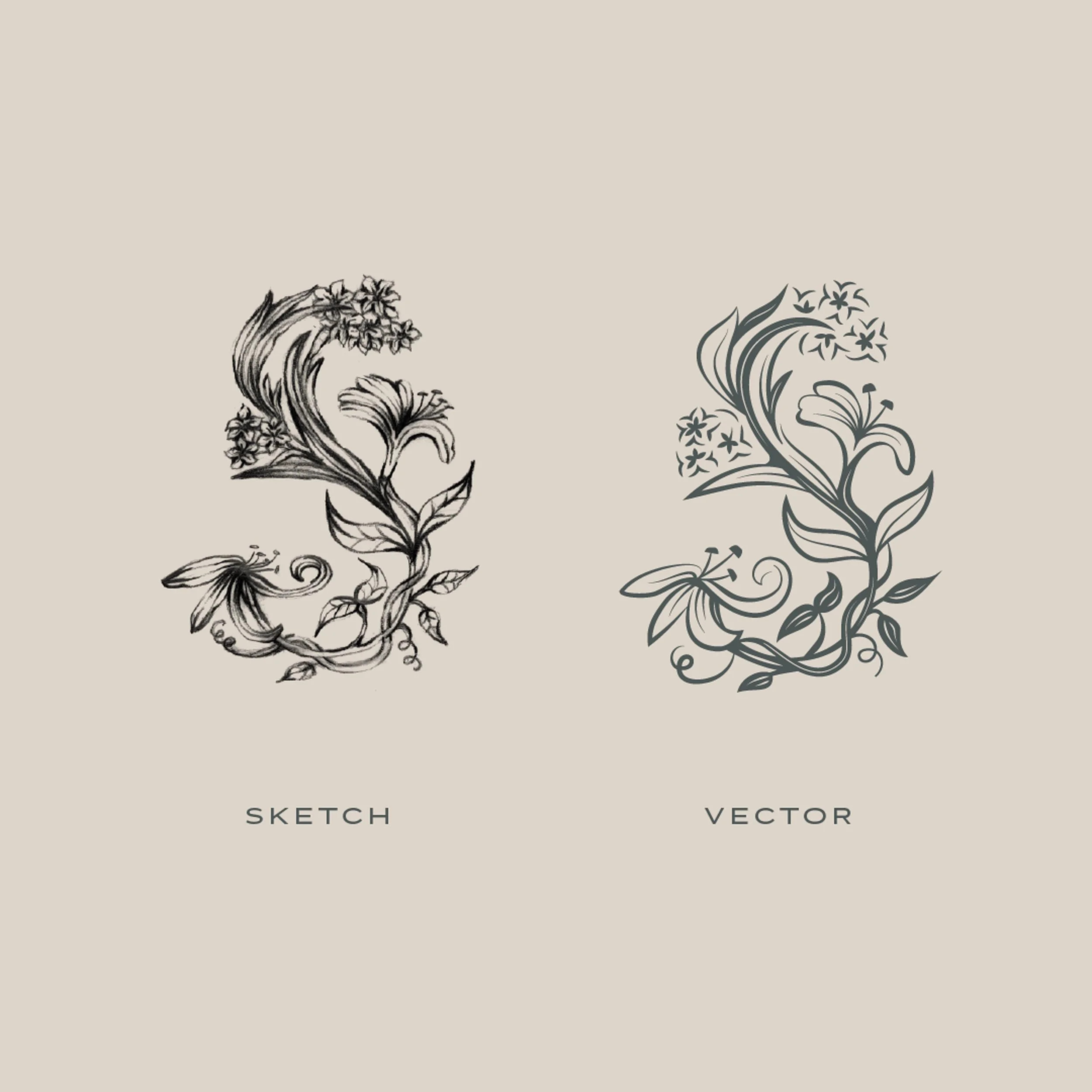 the sketch vs. logo side-by-side for Swoon Floral Design's branding