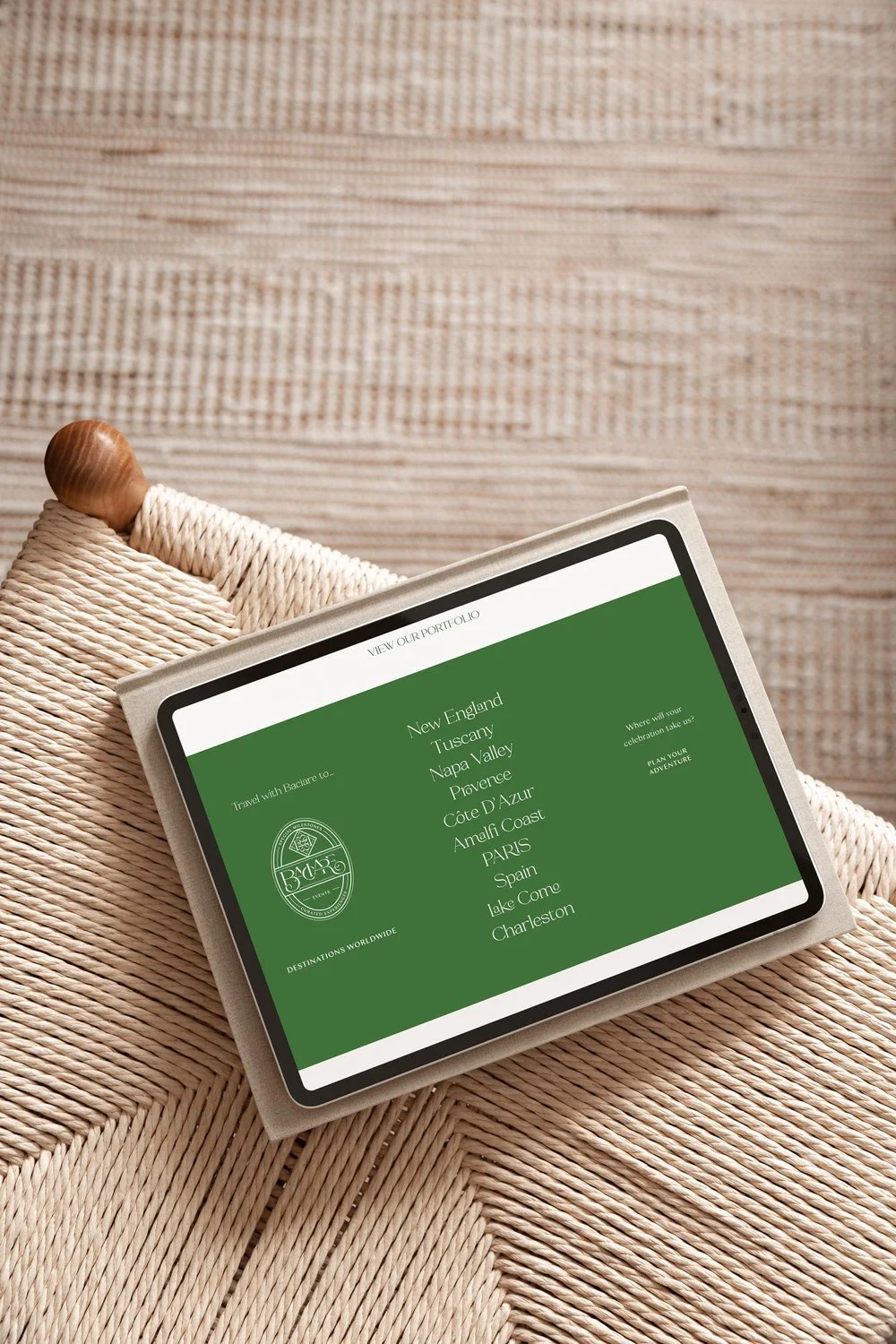 iPad displaying the Baciare Events website design