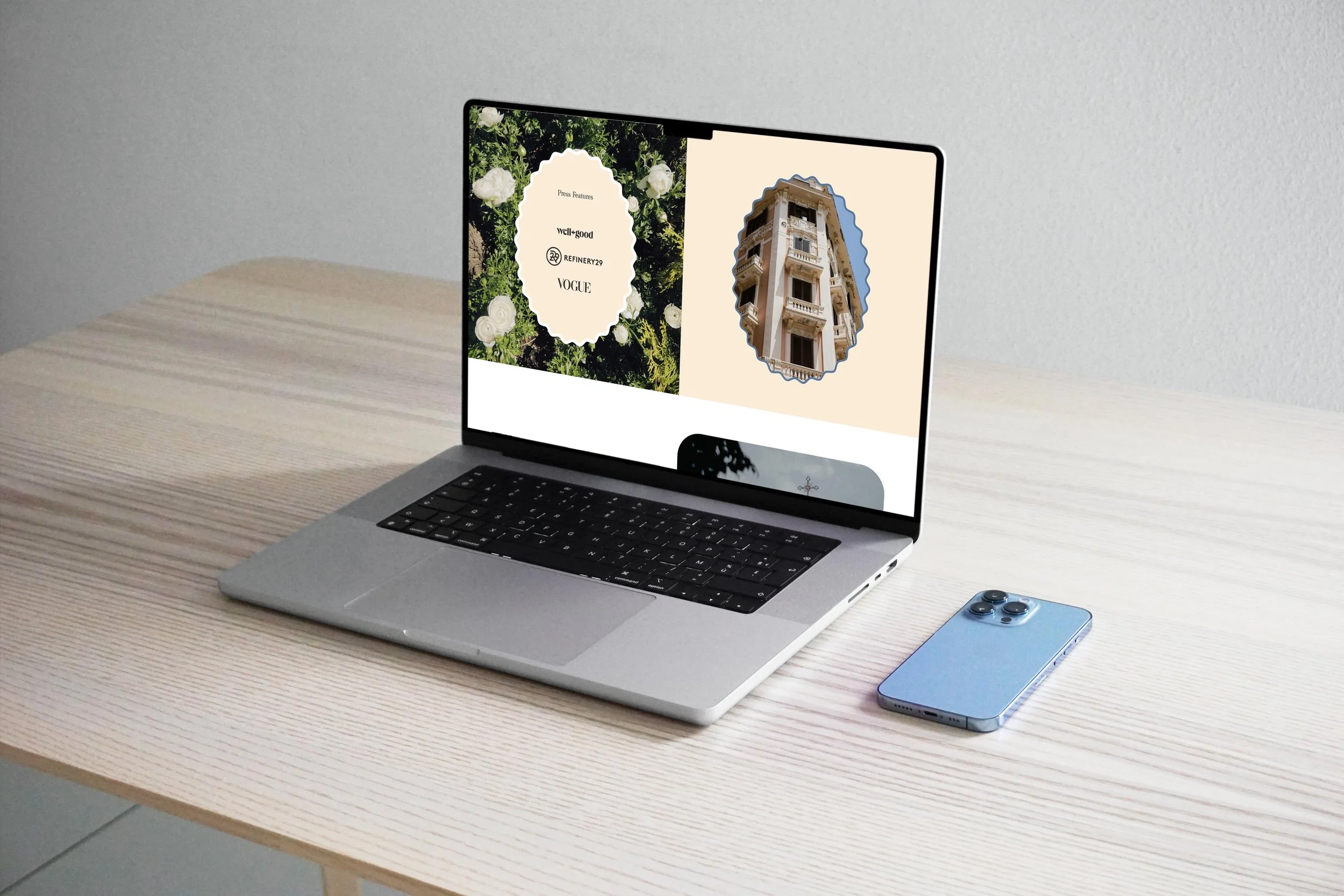 laptop displaying the press features section of the website design