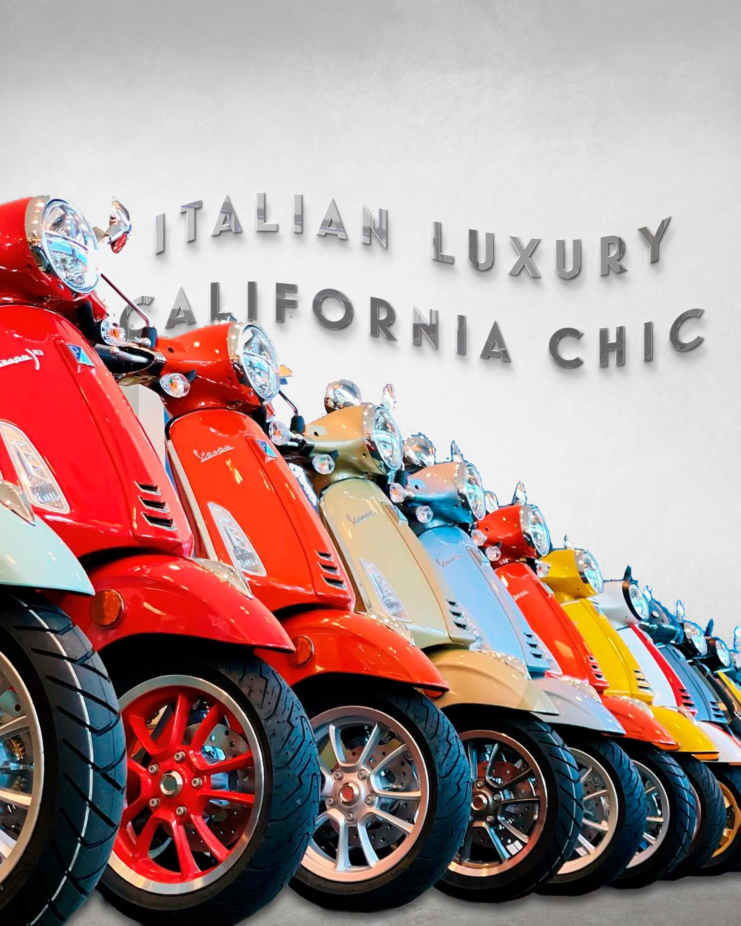 Vespa bikes behind a chrome sign that says, "Italian luxury/California cool"