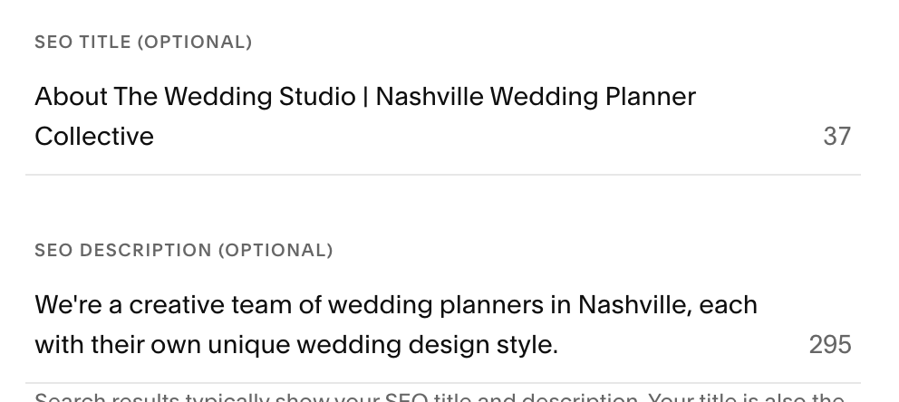 screenshot of a site's SEO title and meta description in the Squarespace backend
