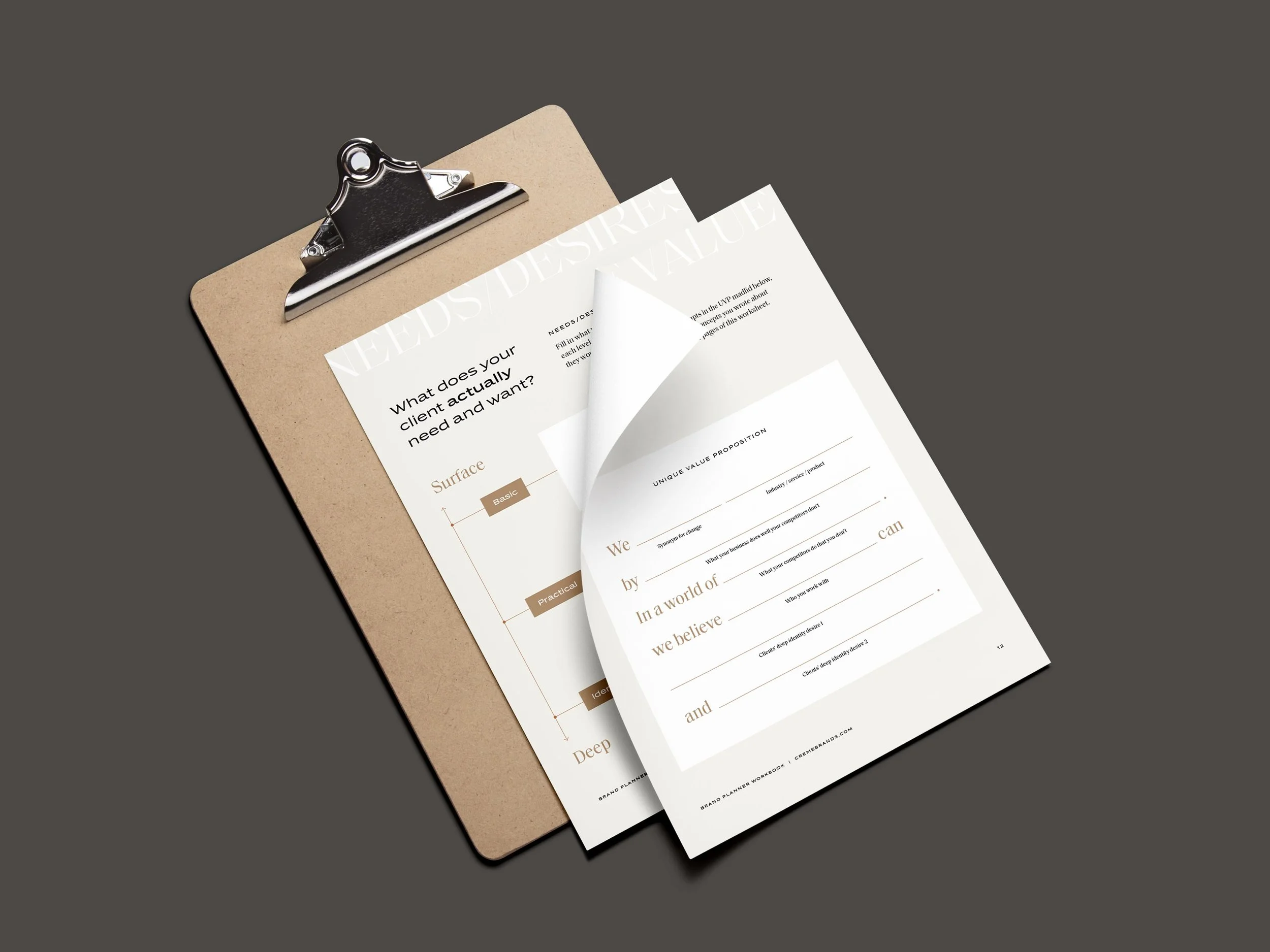 clipboard with pages from the branding workbook