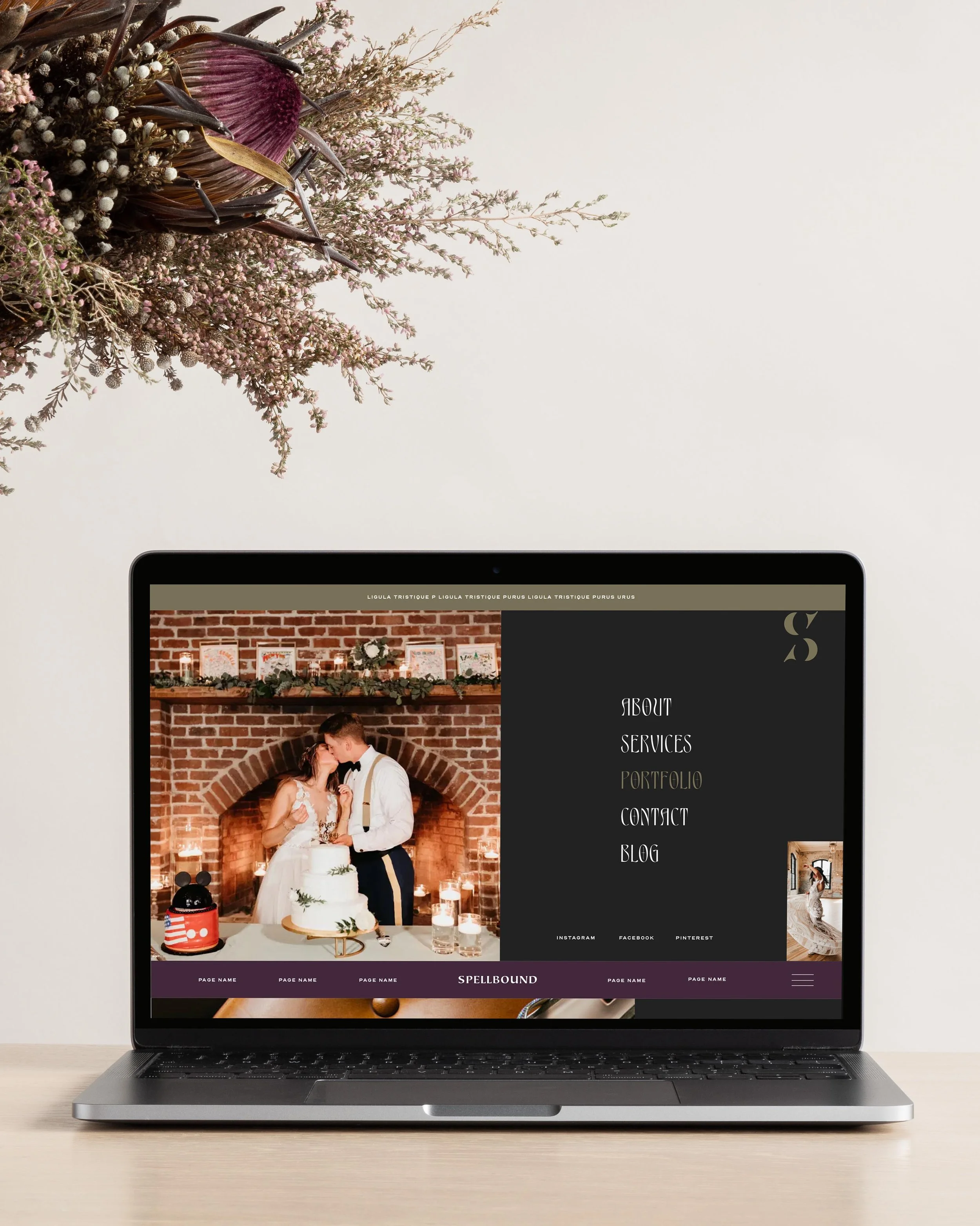 laptop displaying the Spellbound Events website menu design