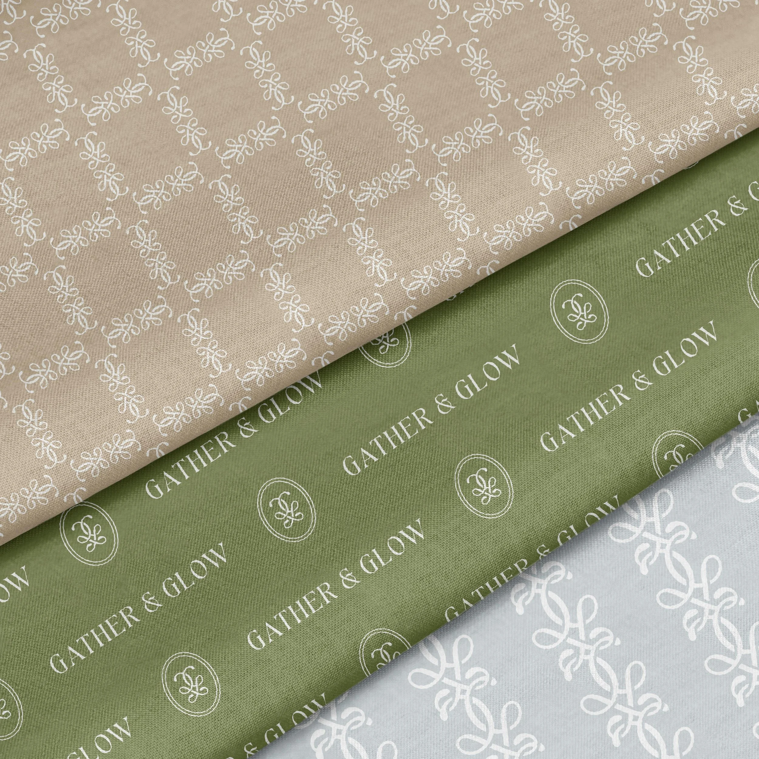 three fabric swatches featuring the Gather & Glow event rentals brand patterns