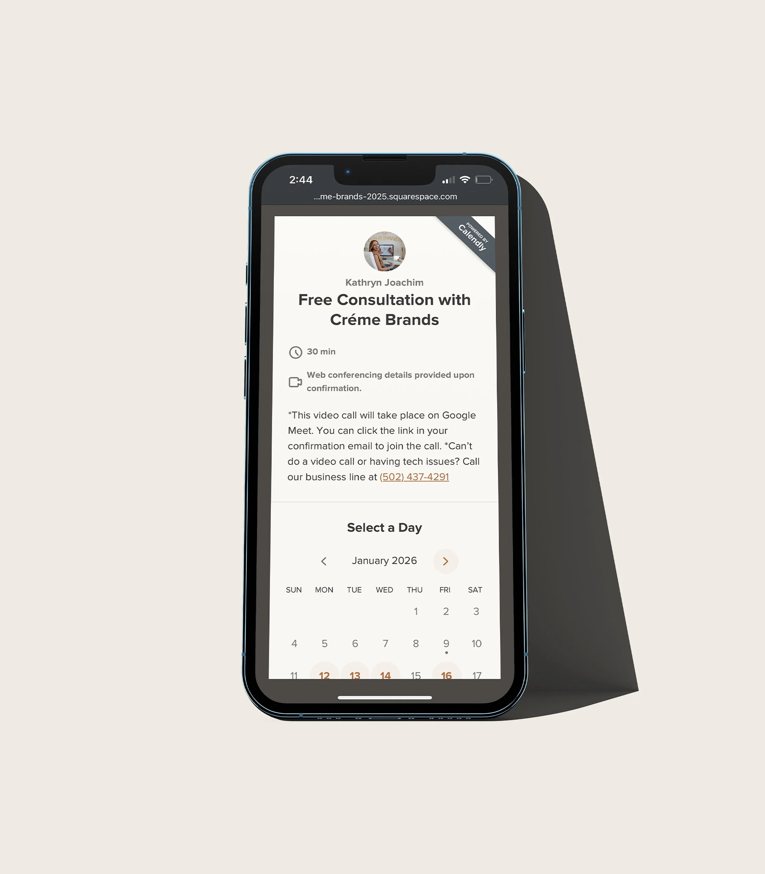 iPhone showing the Free Consultation call scheduler with Creme Brands Creative Director Kathryn Joachim