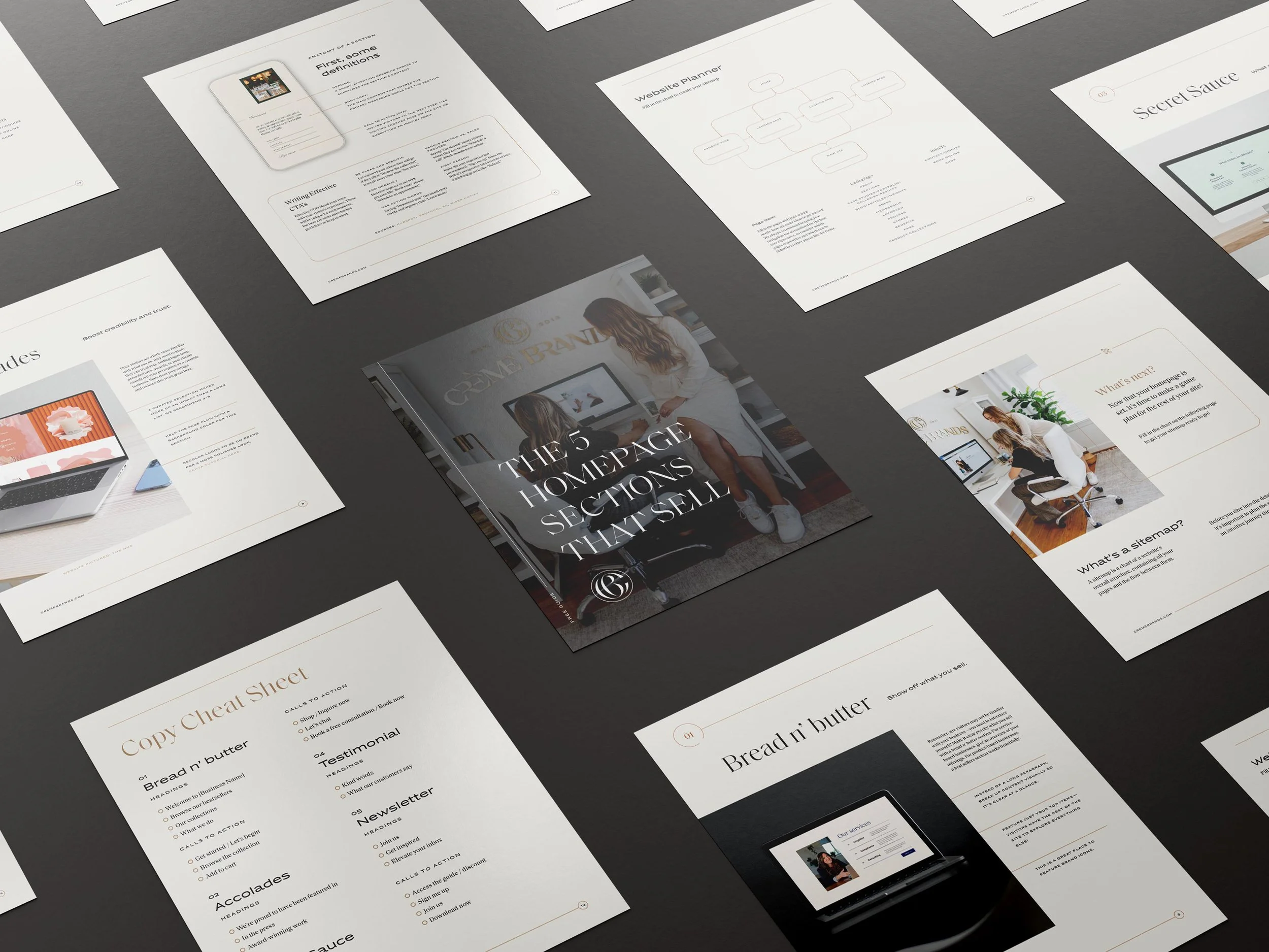 mockup of pages from The Five Homepage Sections That Sell guide