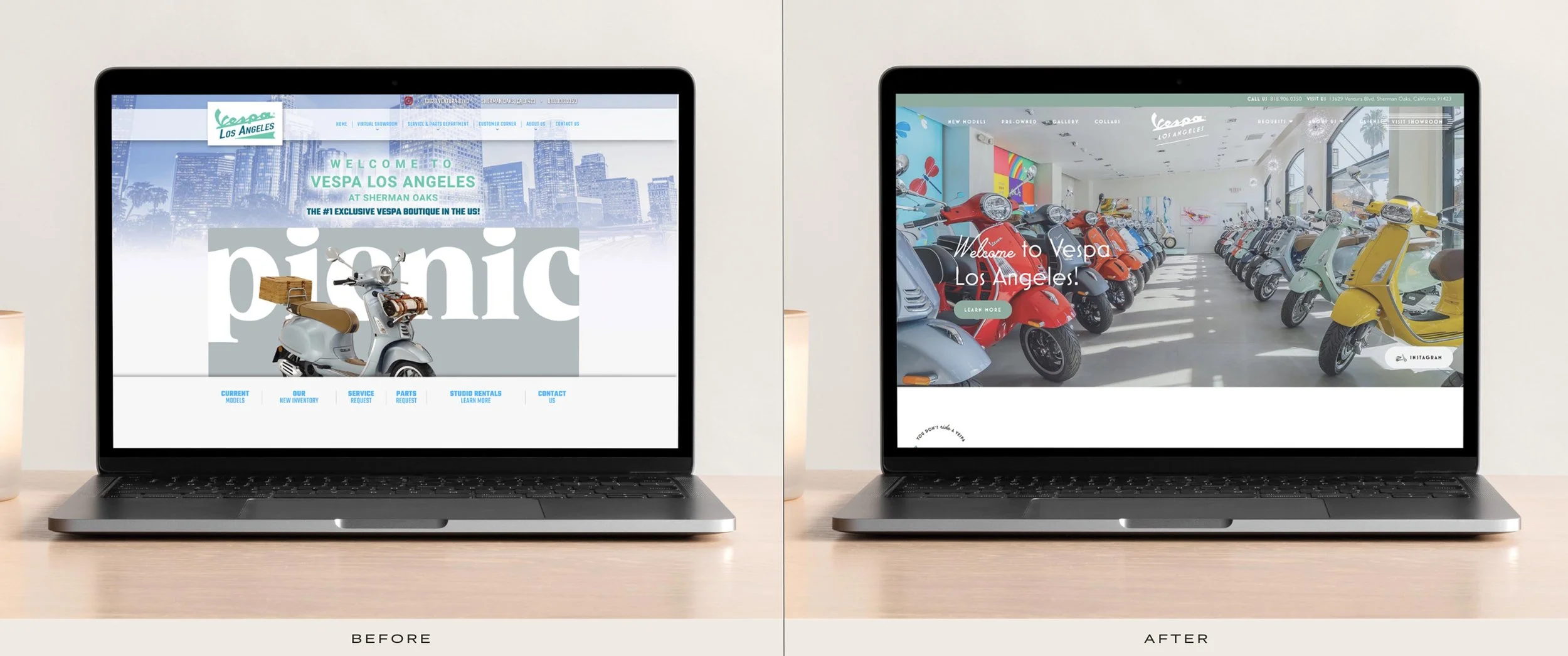 Vespa LA homepage design before and after