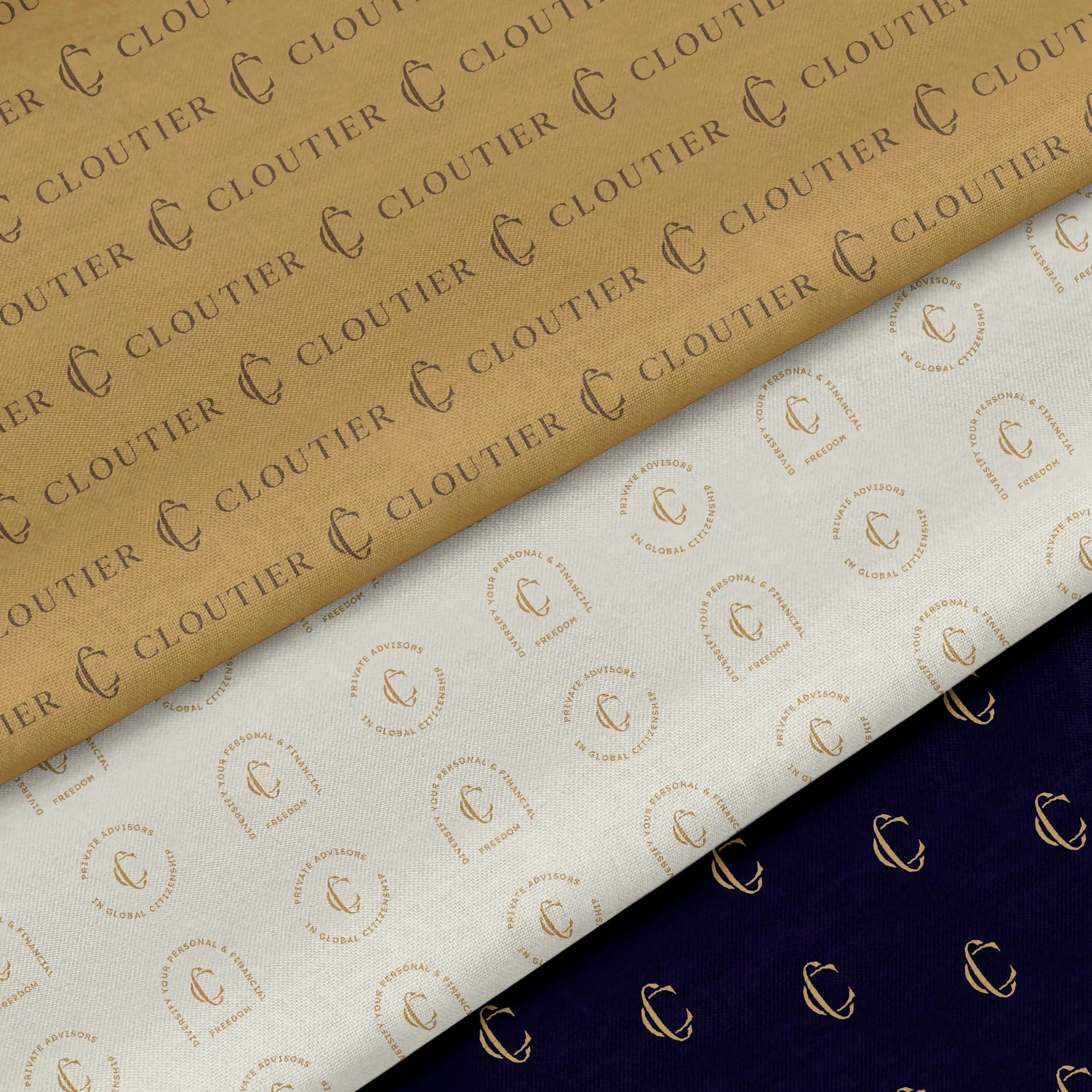 brand patterns on three fabric swatches