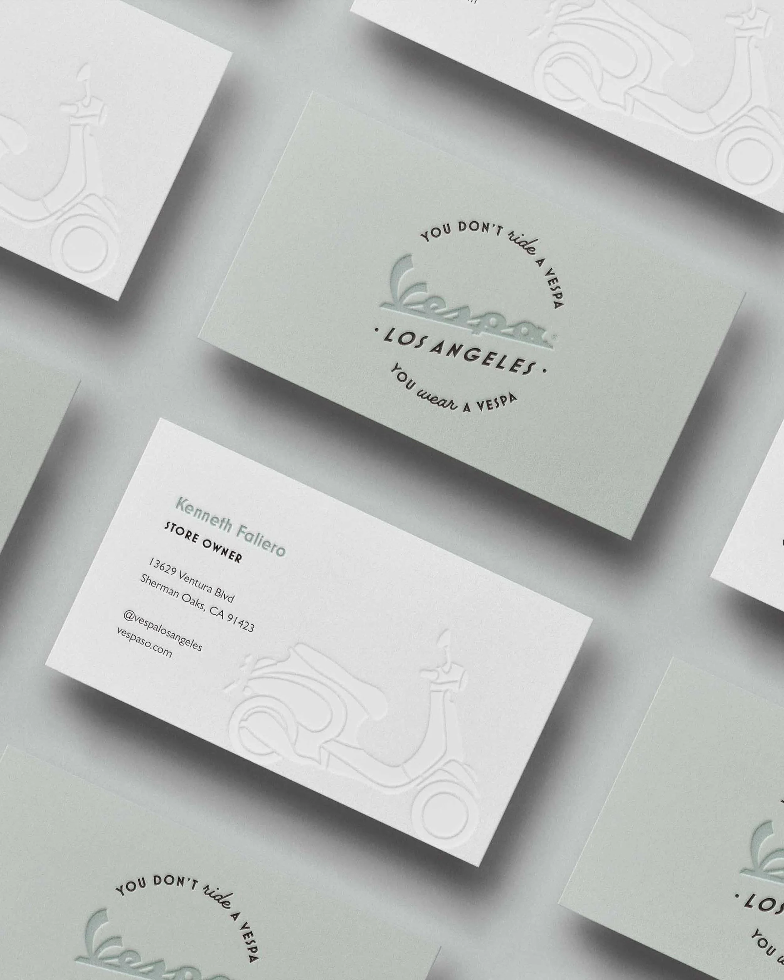 Vespa LA business cards arranged in a grid