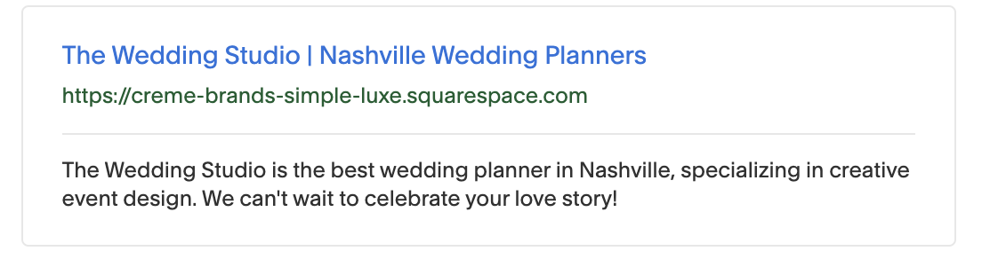 screenshot of how a site's SEO title and meta description appear in a Google search results page