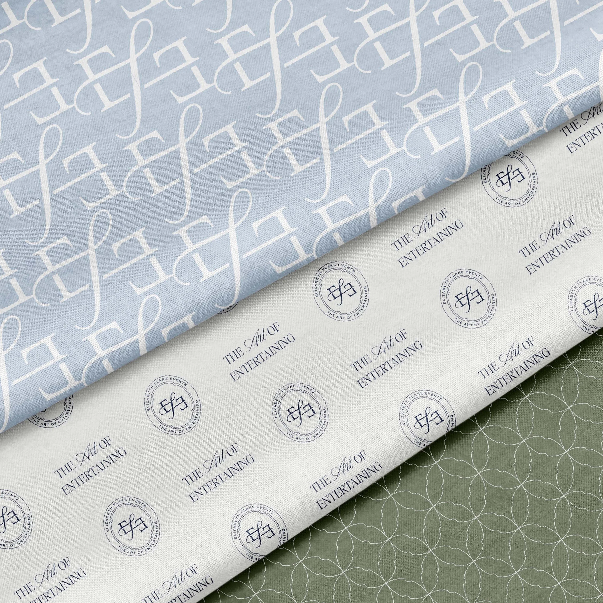 Elizabeth Flake Events brand logos printed on fabric swatches