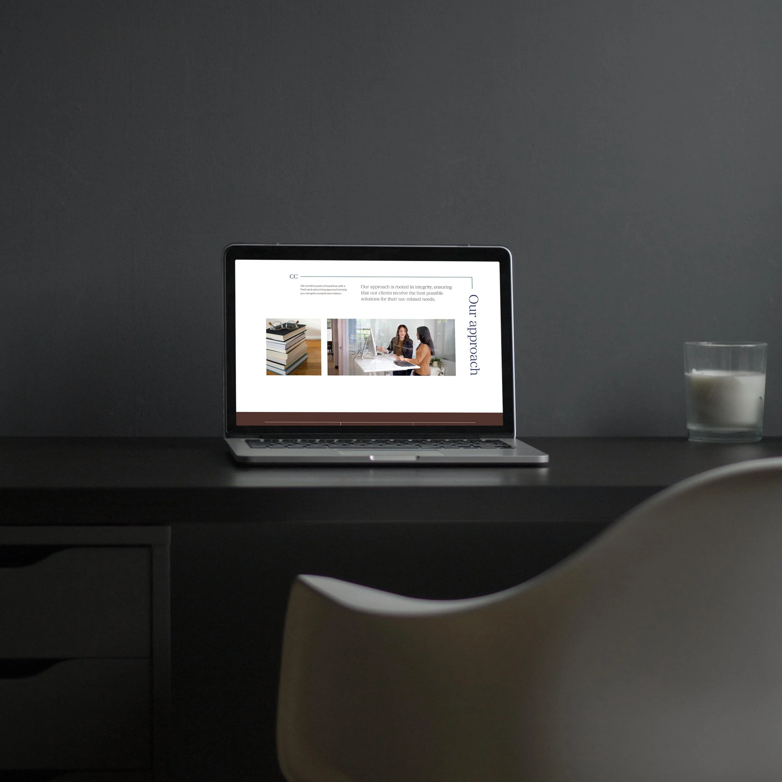 homepage section discussing "Our approach," mocked up on a laptop