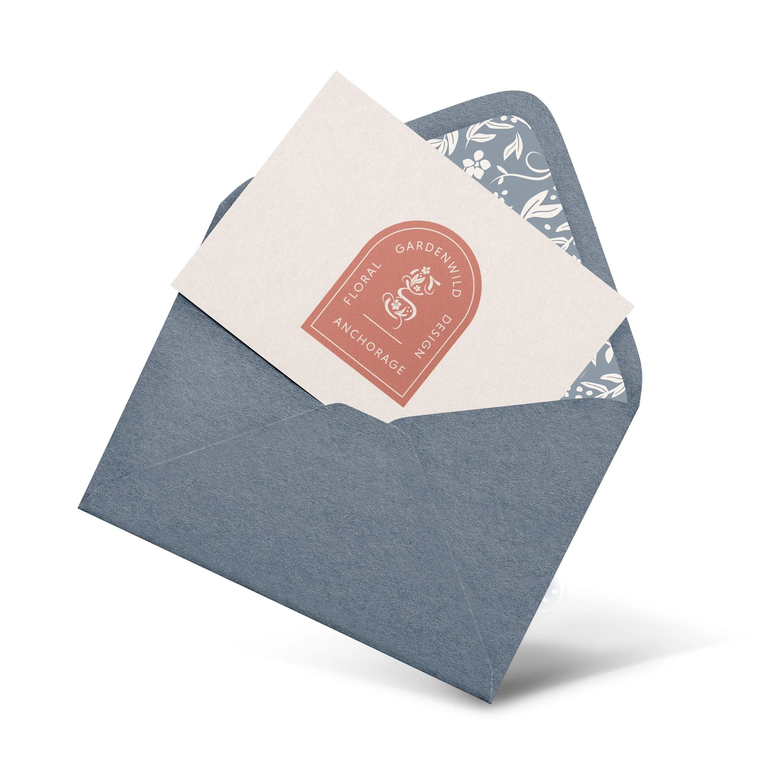 Gardenwild stationery suite with notecard and a dusty blue envelope with a floral pattern envelope liner