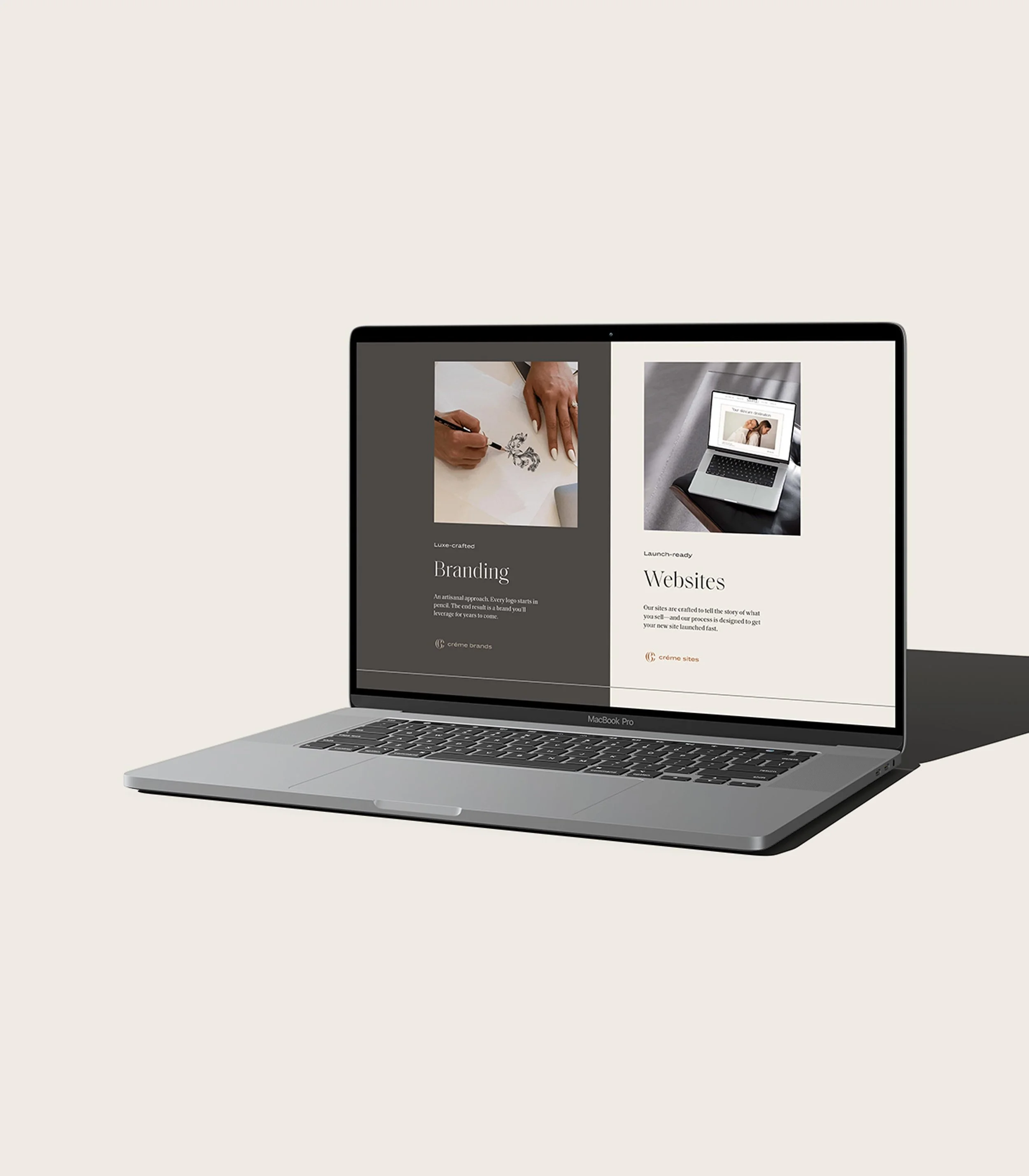 laptop showing split screen section layout for Branding & Websites on the new Creme Brands website