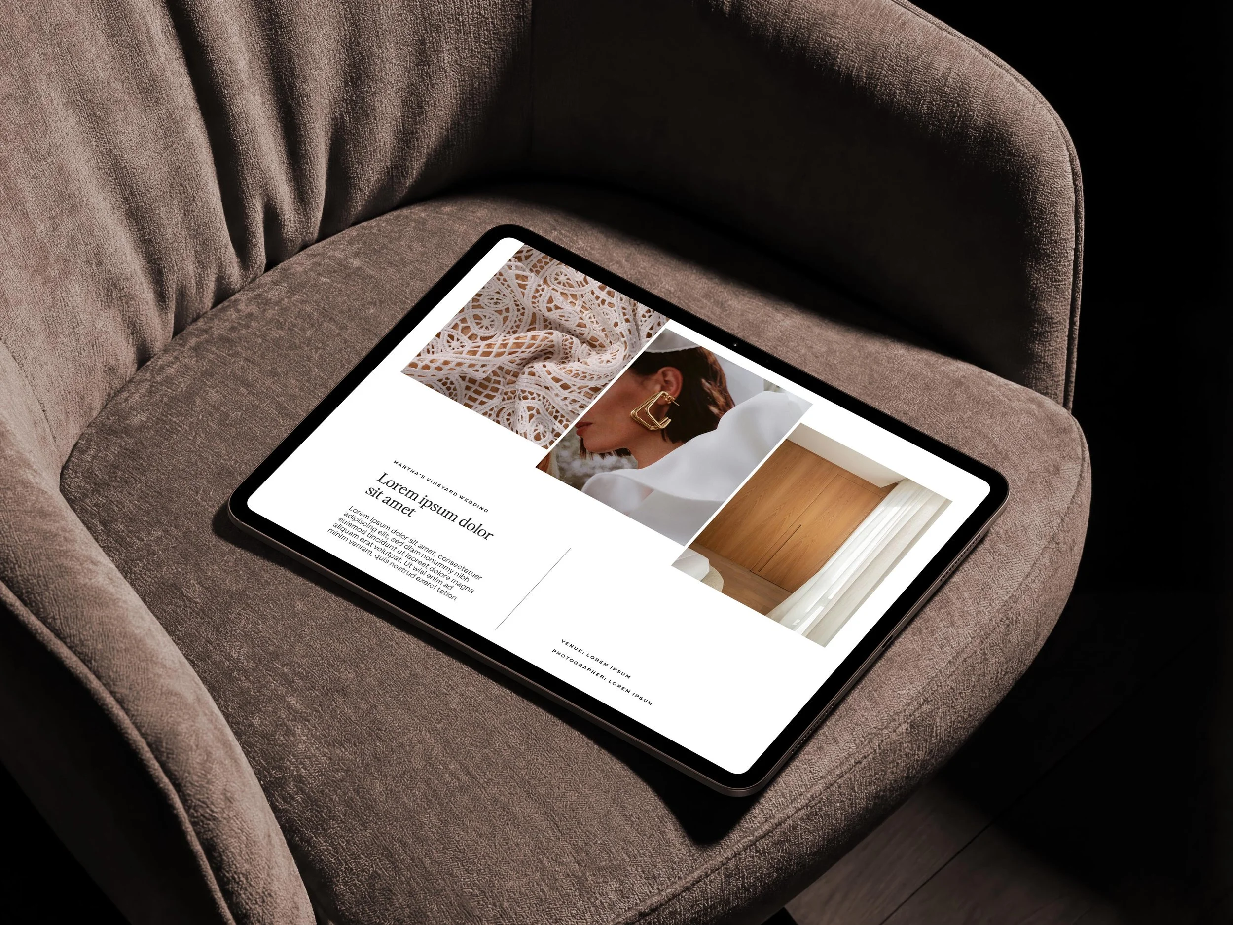 iPad resting on a chair displaying a text and image layout from The Clara website design
