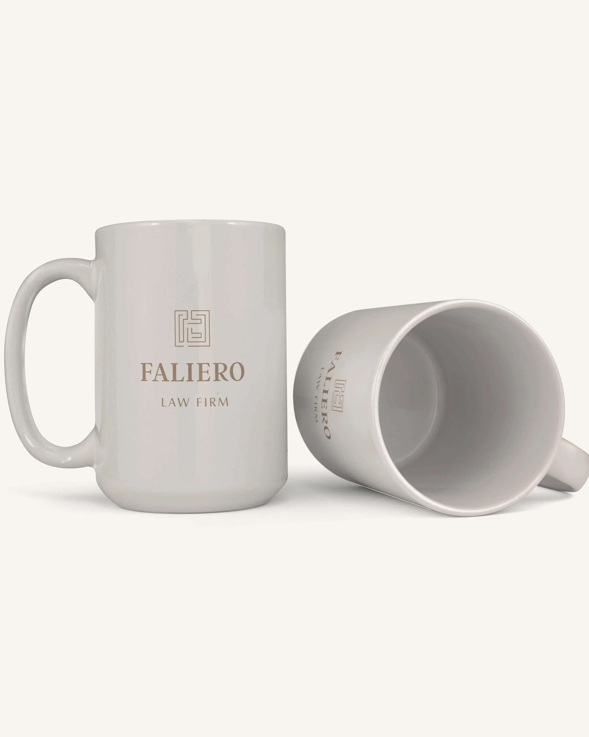 custom mugs printed with the Faliero Law Firm logo