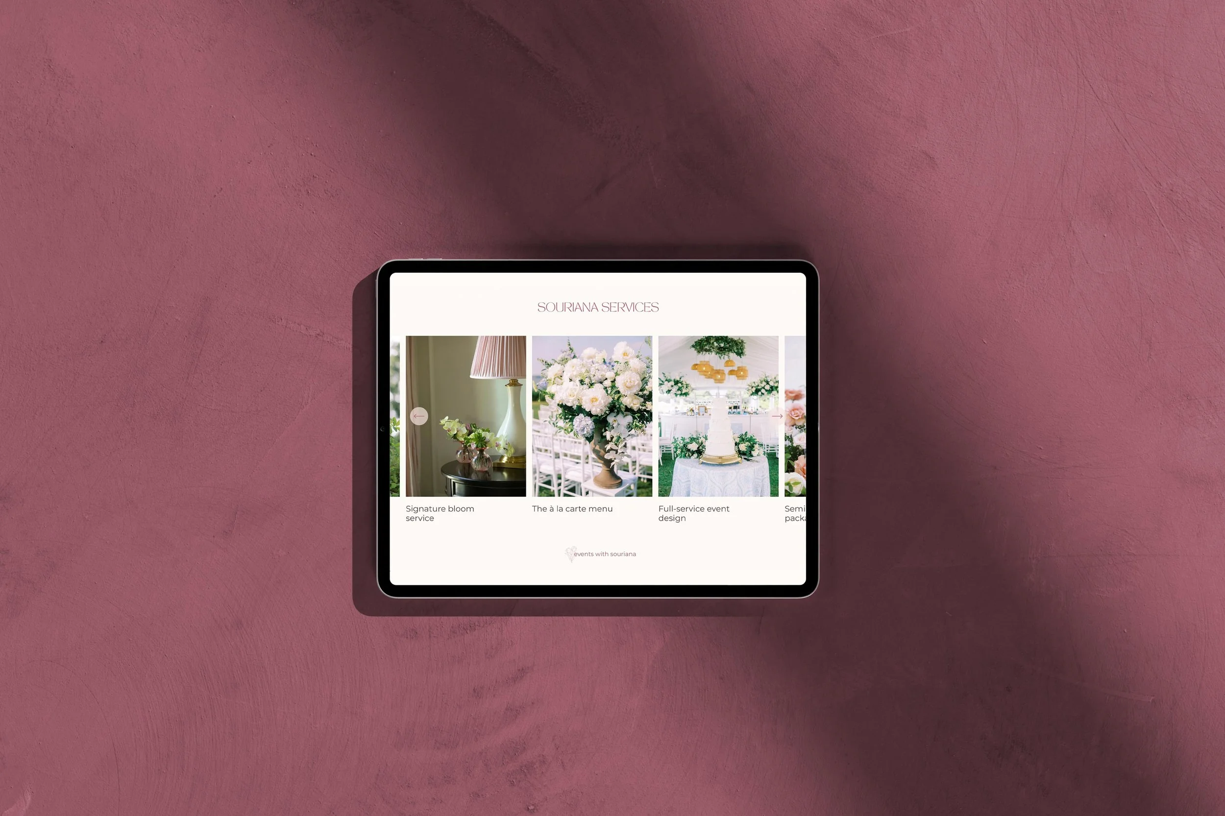 iPad displaying the Souriana Floral House website homepage services slider
