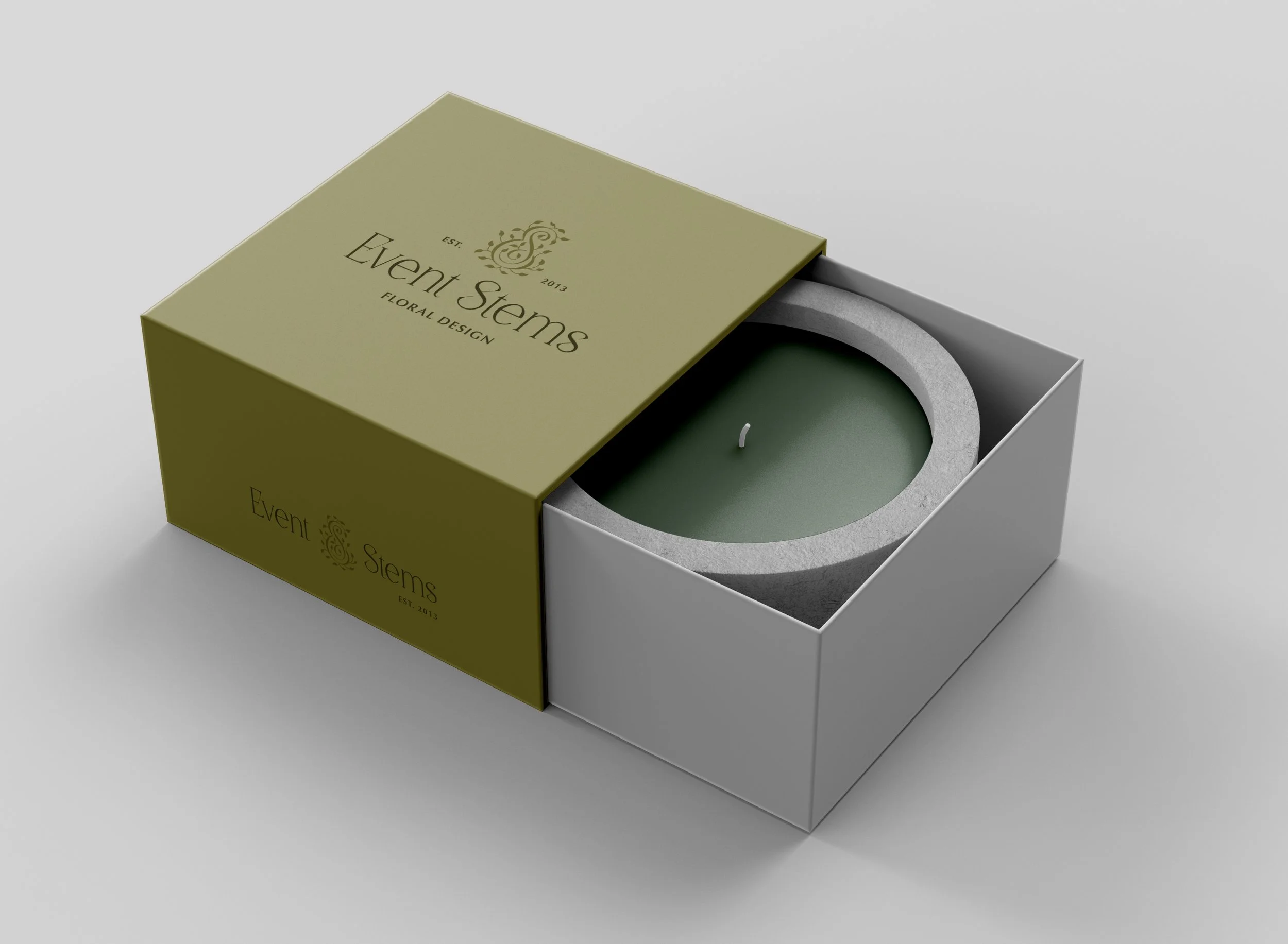 Event Stems branded box with candle