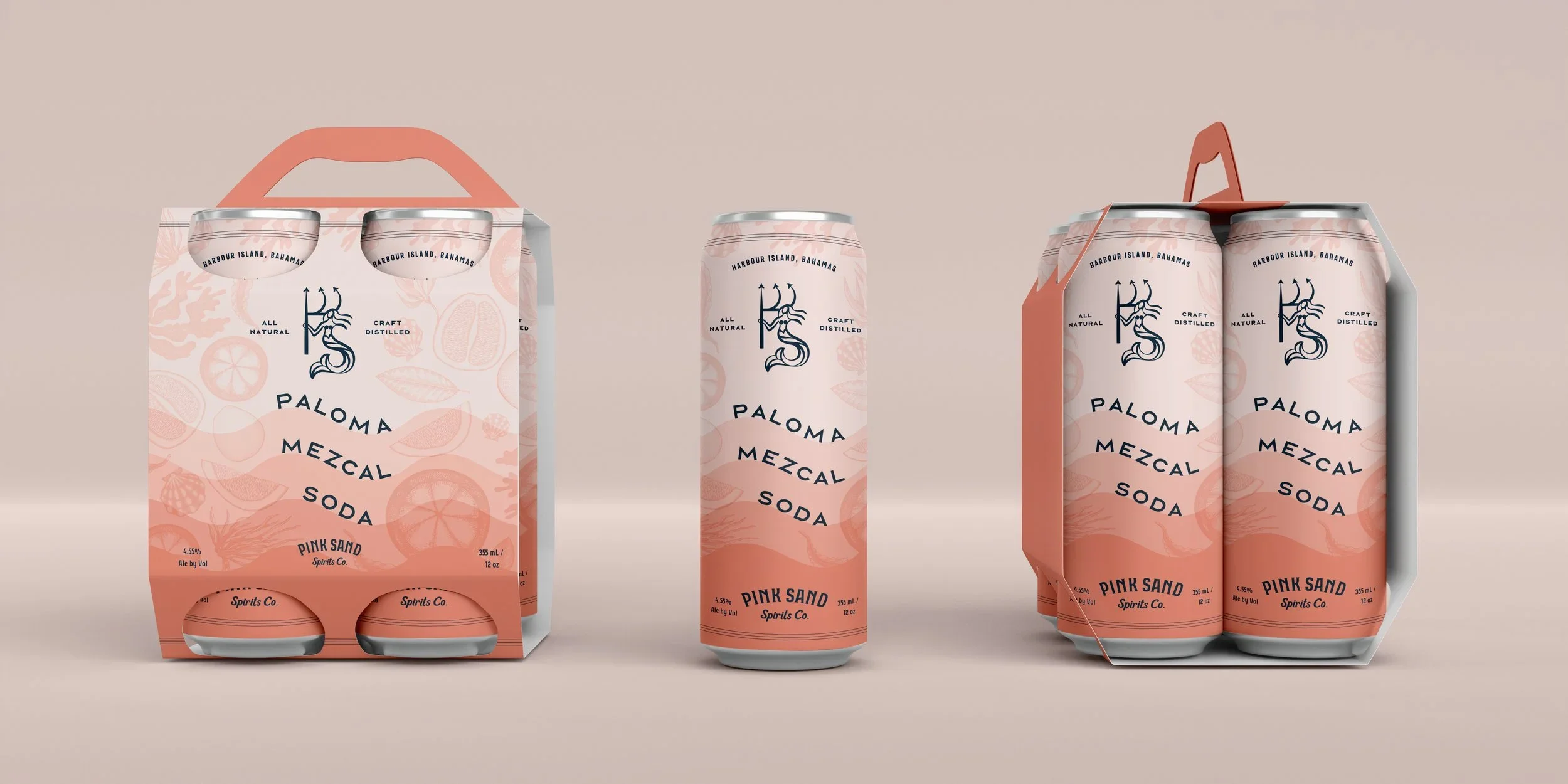 Pink Sand packaging for Paloma Mezcal and Soda cans and carrying cases