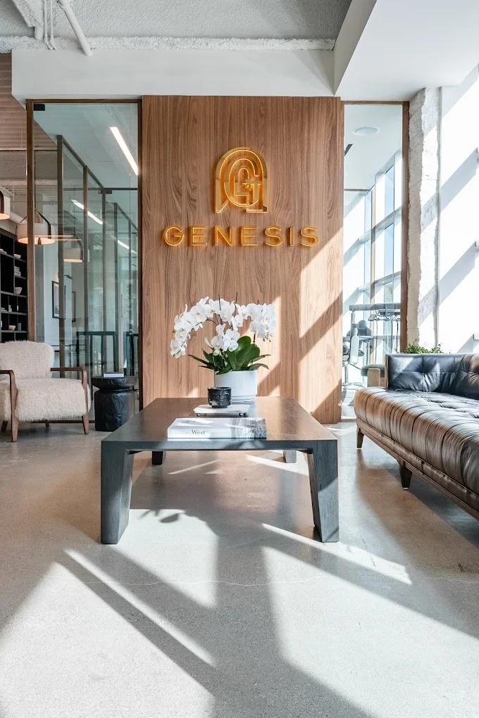 Genesis lobby with metallic logo sign
