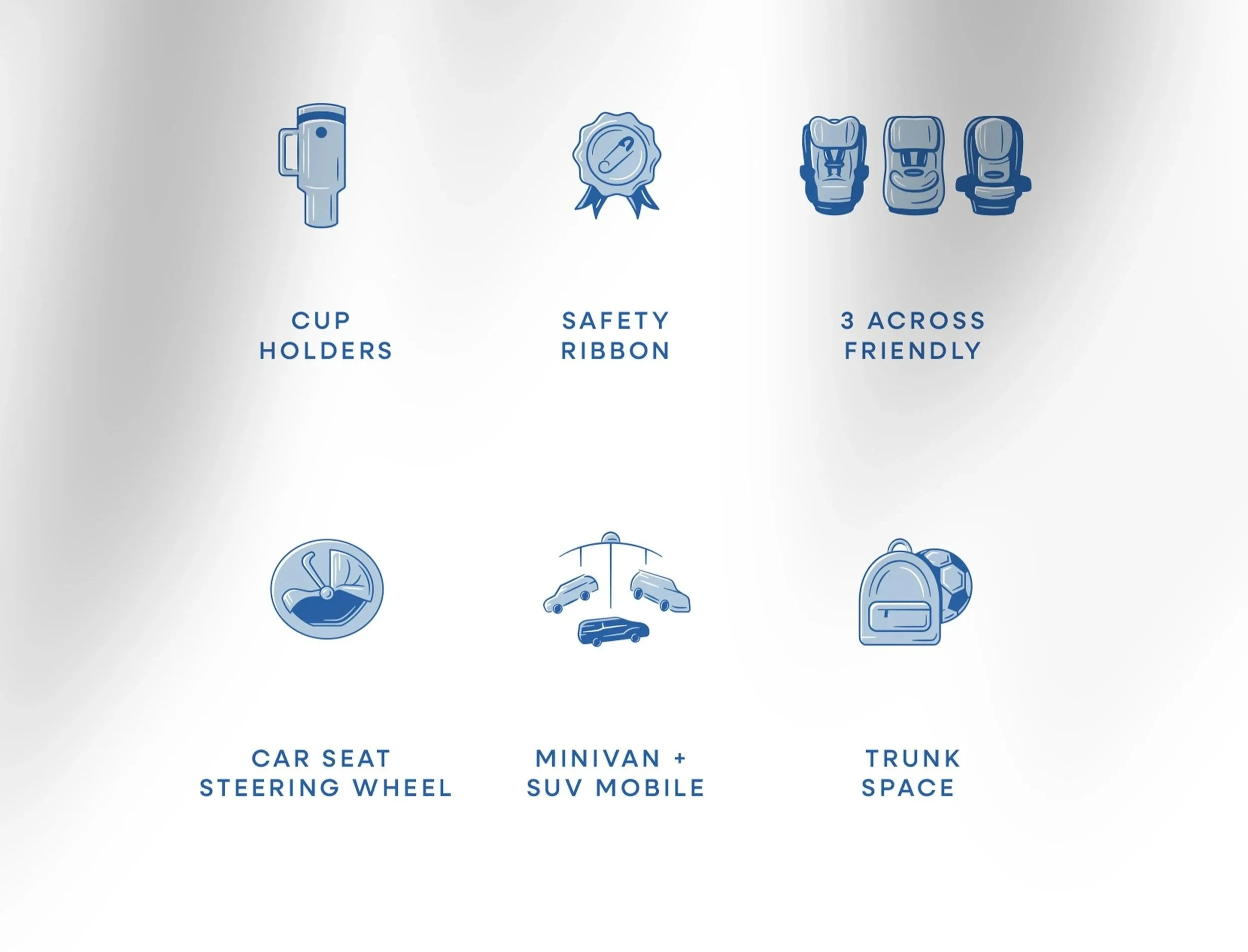 six custom icons for the car mom representing: cup holders, safety ribbon, 3-across-friendly, car seat steering wheel mashup, minivan & SUV mobile, and trunk space