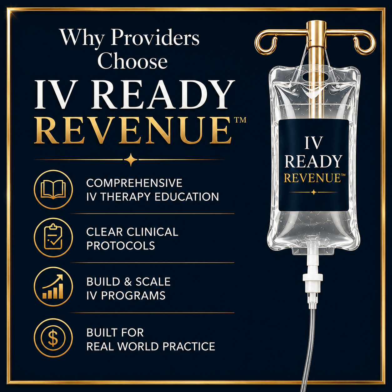 An advertisement for I V Ready Revenue, a therapy program. The ad features a IV bag with the program name on it, and lists benefits including comprehensive IV therapy education, clear clinical protocols, build and scale IV programs, and real-world practice.