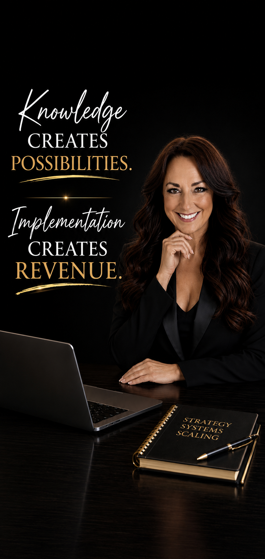 A woman in business attire smiling, seated at a dark table with a laptop and a black notebook labeled 'Strategy Systems Scaling' with a gold pen. The background features motivational text: 'Knowledge creates possibilities. Implementation creates revenue.'