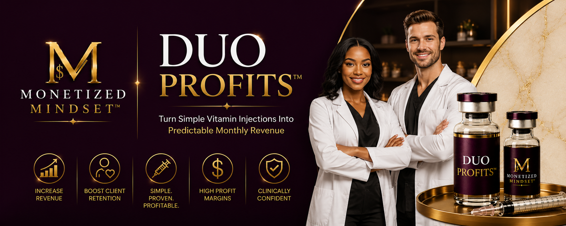 Marketing banner for DUO PROFITS, emphasizing monetized mindset through vitamin injections, featuring a smiling man and woman in white coats, with bottles, a syringe, and a marble-patterned background.