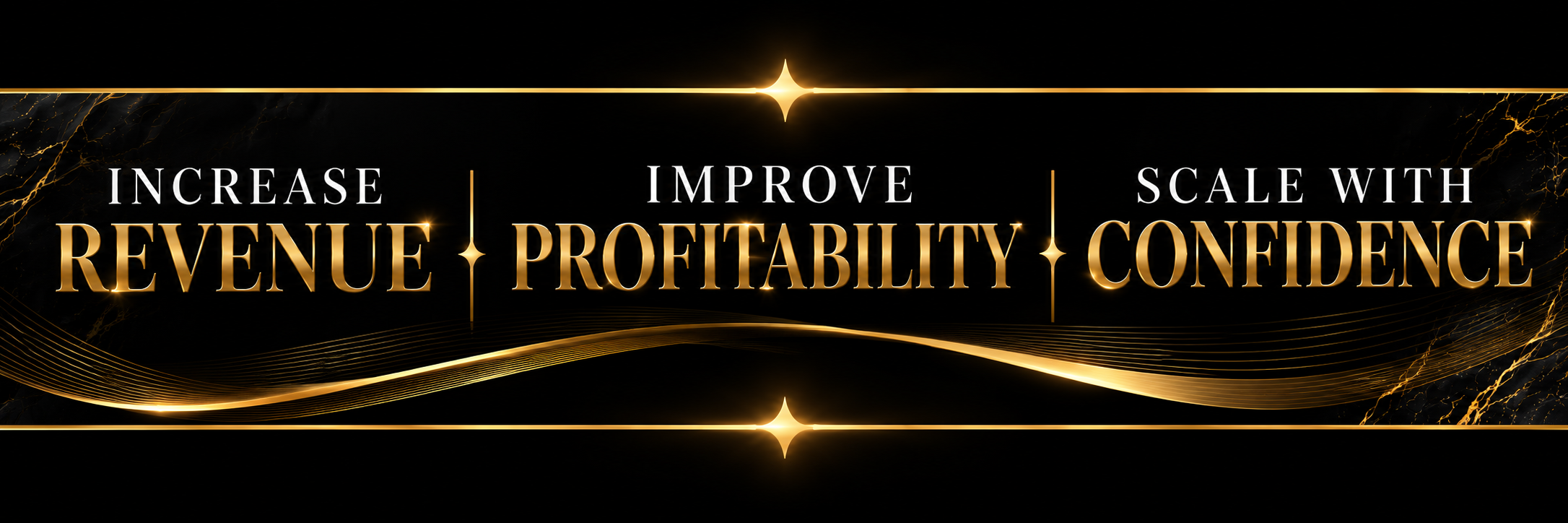 Gold and white text on a black background with decorative gold lines, saying 'Increase revenue, Improve profitability, Scale with confidence'.