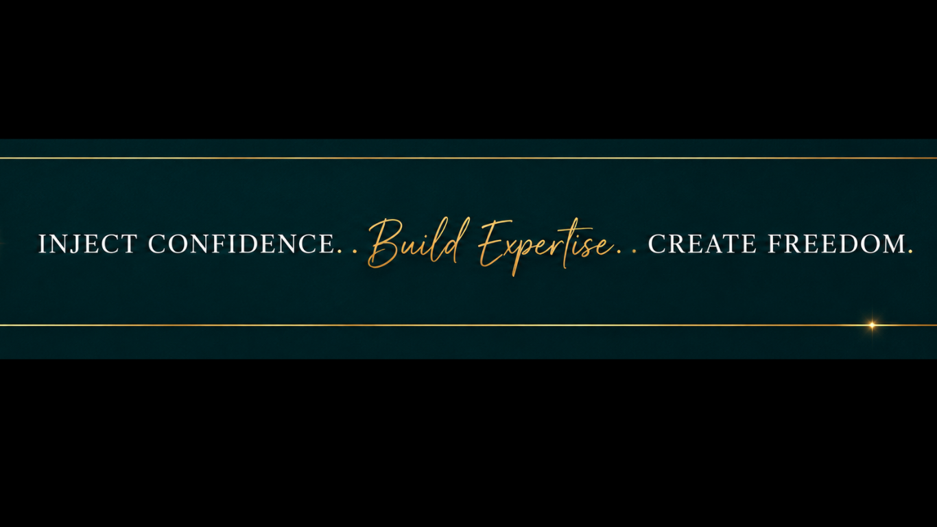 A dark teal background with gold horizontal lines at the top and bottom. White and gold text reads: 'Inject Confidence. Build Expertise. Create Freedom.'