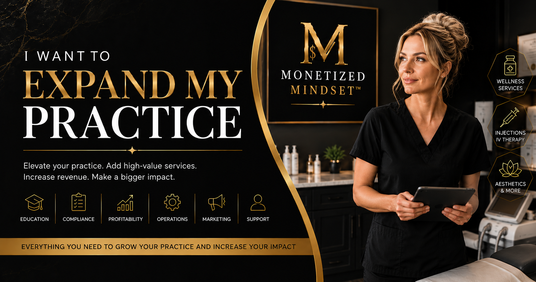 A promotional graphic for Monetized Mindset featuring a woman in medical scrubs holding a tablet in a clinic or spa environment. The design emphasizes expanding practice with high-value services such as wellness, injections, IV therapy, and aesthetics, with icons and text highlighting education, compliance, profitability, operations, marketing, and support.