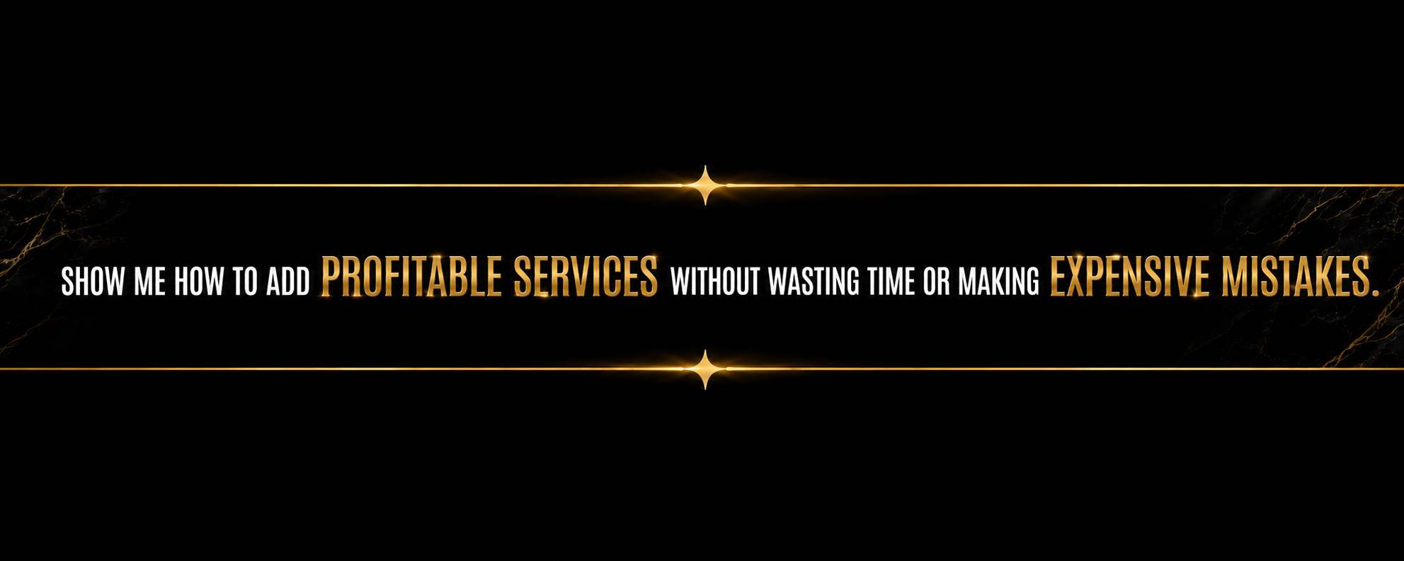 A black background with gold accents and the message: 'Show me how to add profitable services without wasting time or making expensive mistakes.'